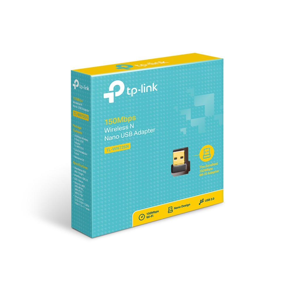Una caja de TP-Link para un adaptador USB Nano Wireless N de 150 Mbps. Es de color turquesa y amarillo con el nombre del producto y una imagen del adaptador.