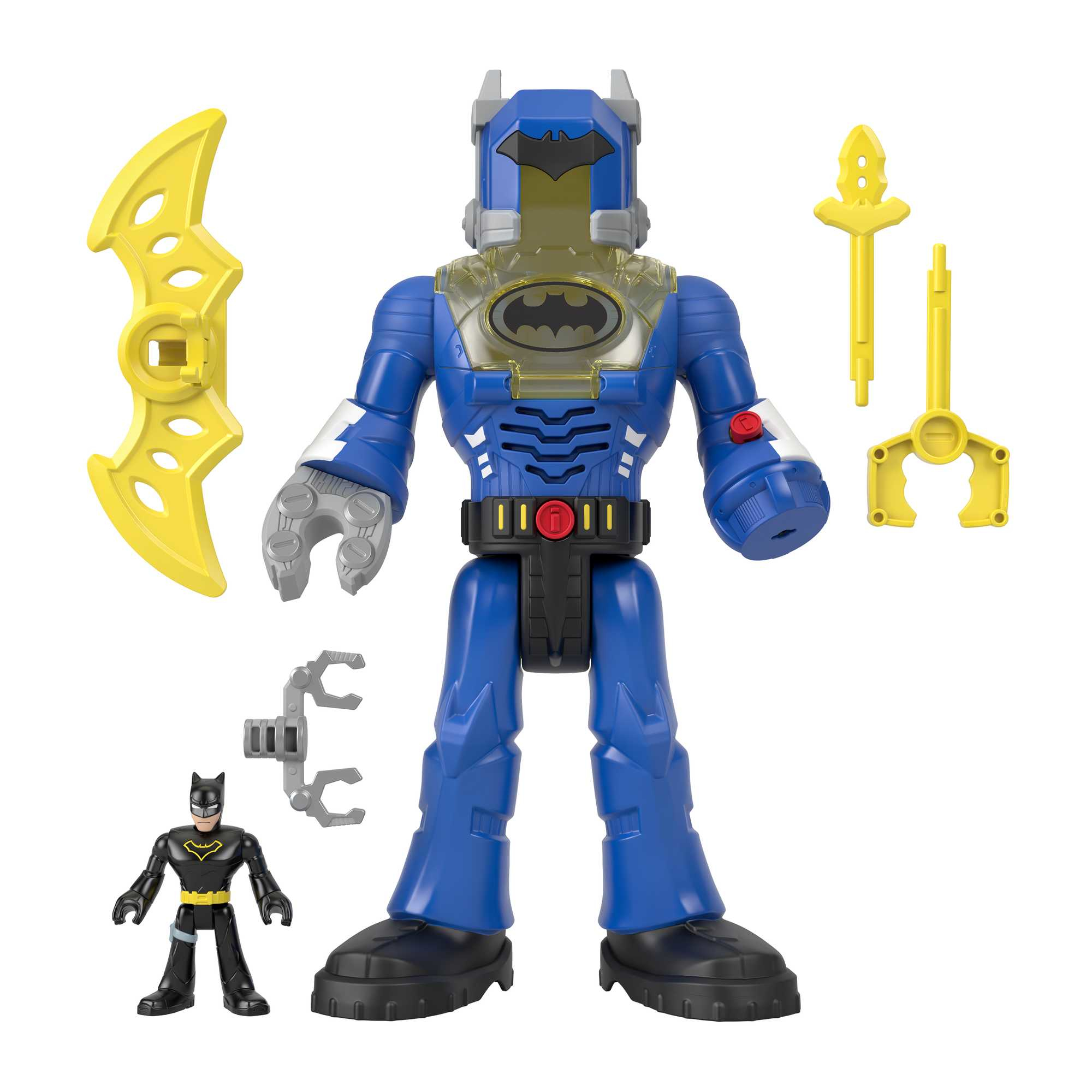 Een blauwe Batman-figuur met gele accessoires, waaronder een wapen en een klein Batman-beeldje.