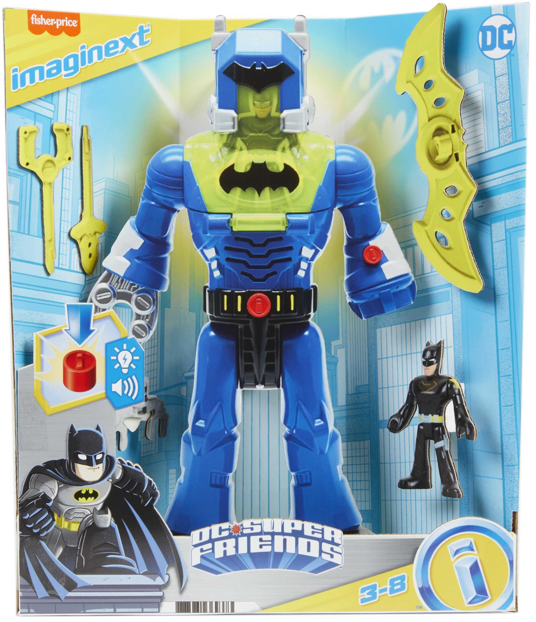 Fisher-Price Imaginext DC Super Friends Batman-speelgoed. Blauwe en gele Batman-figuur op een doos met Batman-figuren.