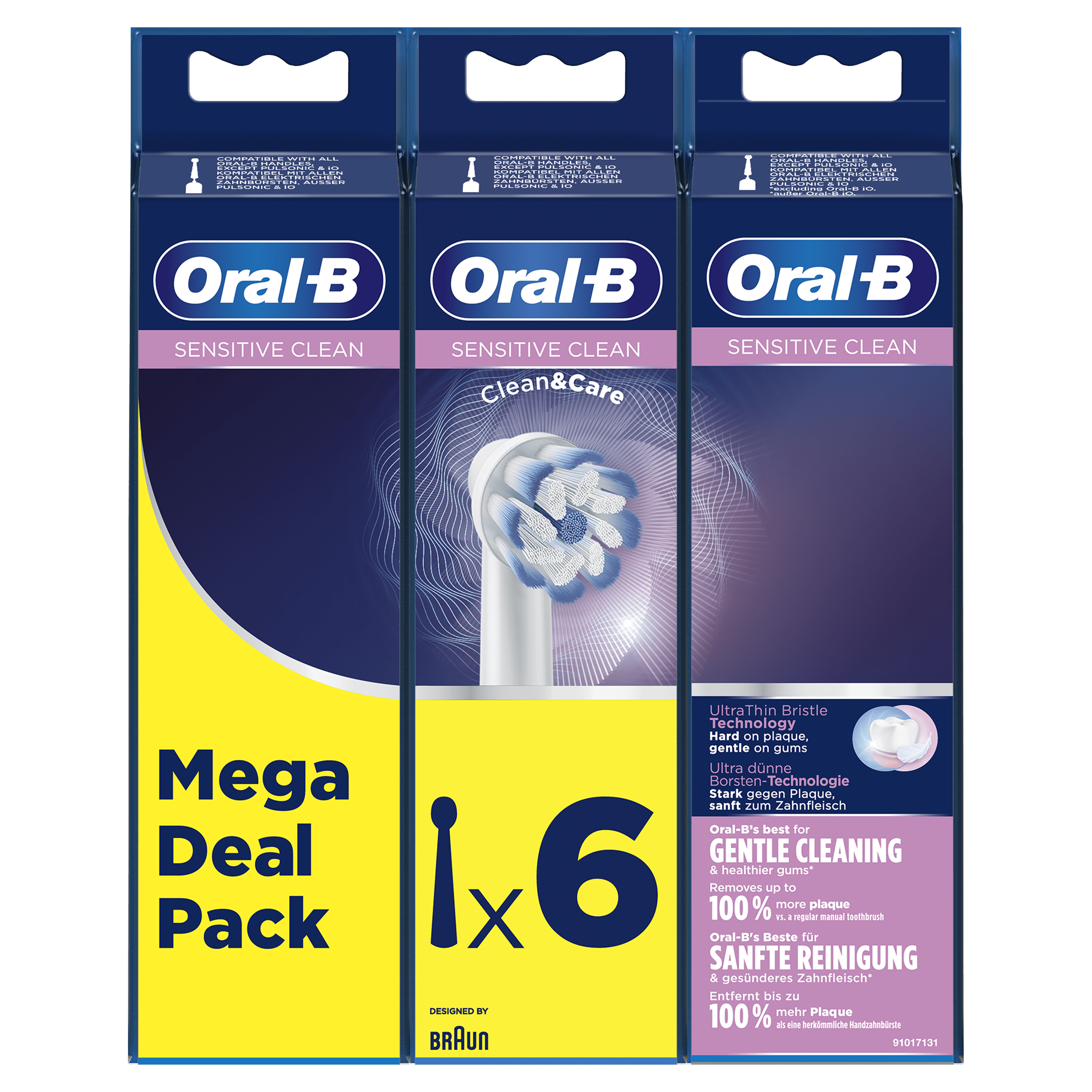 Tres paquetes de cabezales de cepillo de dientes Oral-B. Cada paquete muestra un cabezal y el texto 'Sensitive Clean'.
