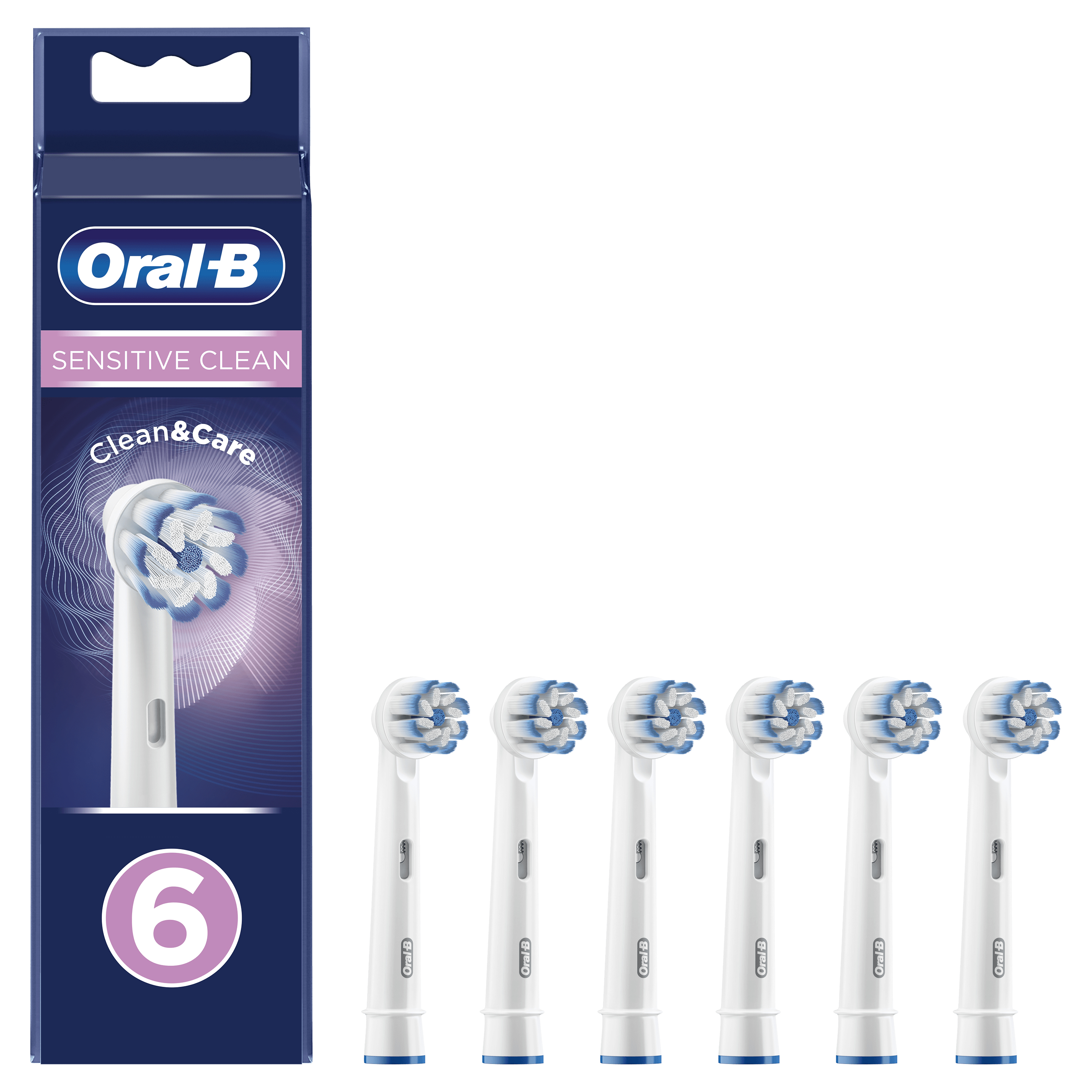Un paquete de cabezales de cepillo de dientes Oral-B y seis cabezales de repuesto. El paquete tiene el logo de Oral-B y 'Sensitive Clean'.