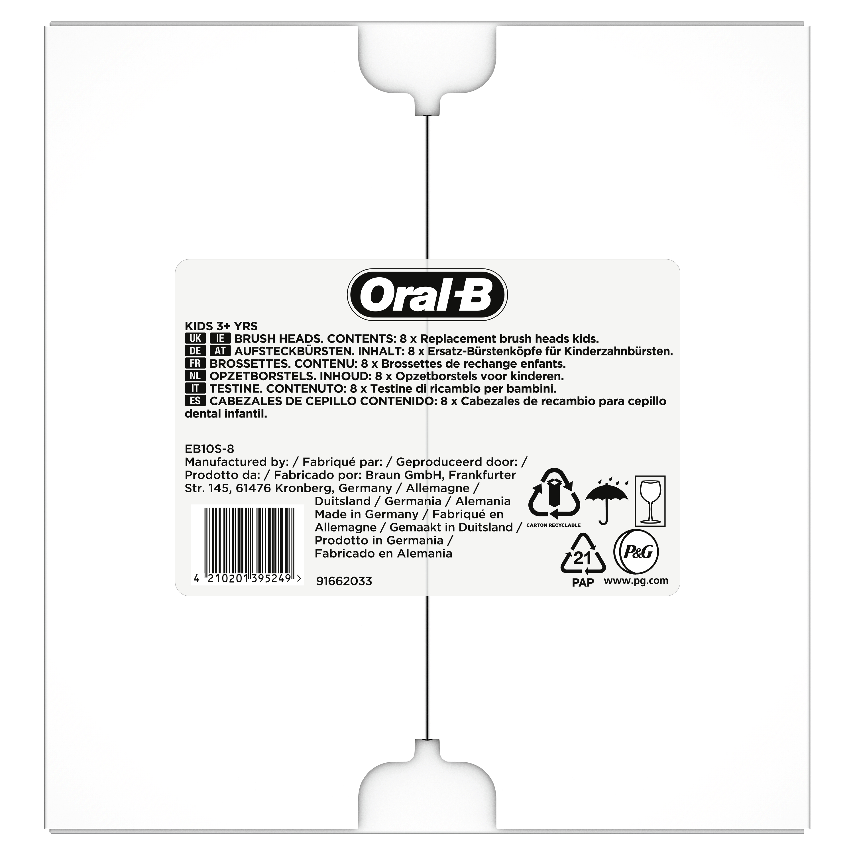 Białe pudełko Oral-B z tekstem. Zawiera końcówki do szczoteczki dla dzieci. Zawiera logo i symbole recyklingu.