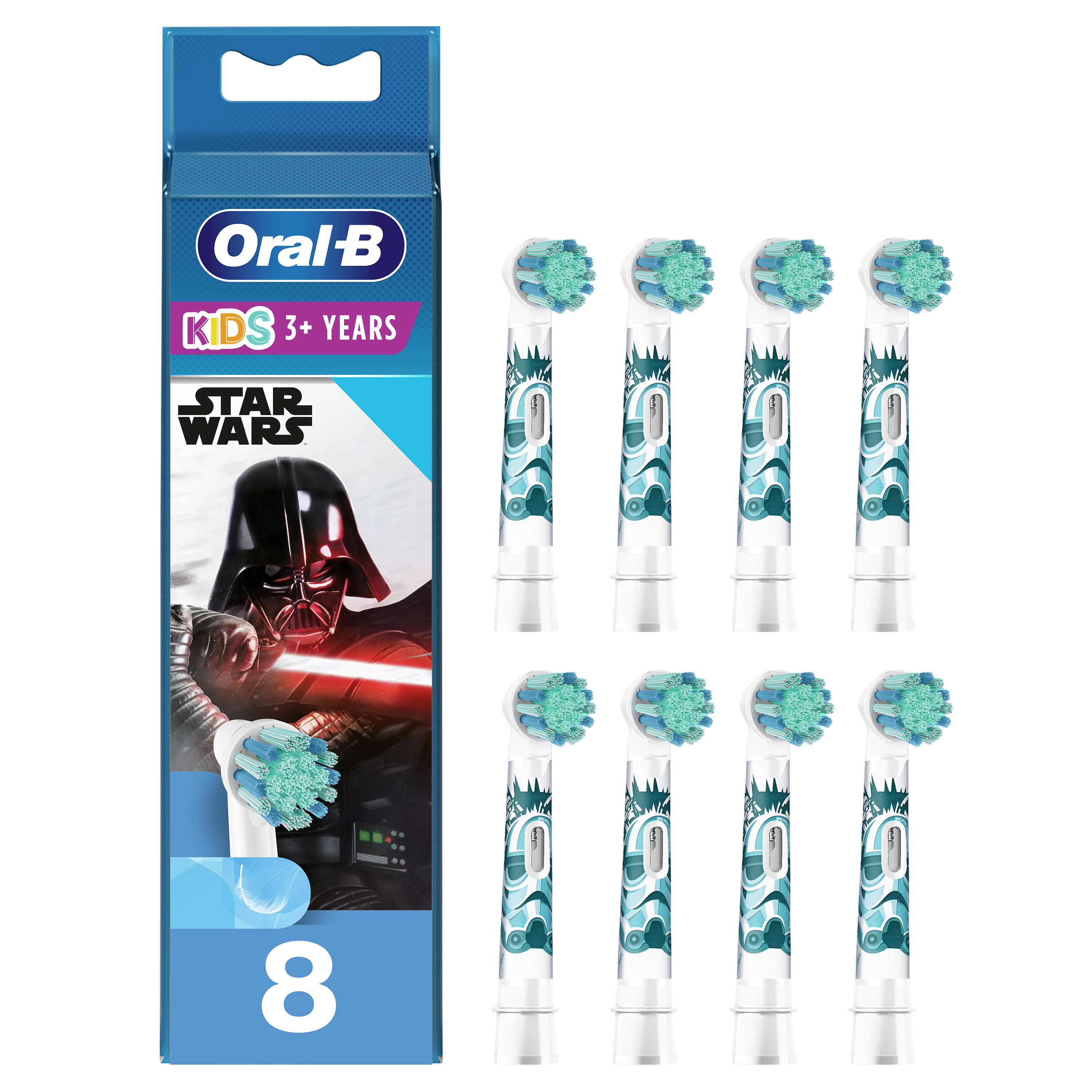 Główki szczoteczki do zębów Oral-B Kids Star Wars. Opakowanie przedstawia Darth Vadera i liczbę 8. Główki są białe z zielonym włosiem.