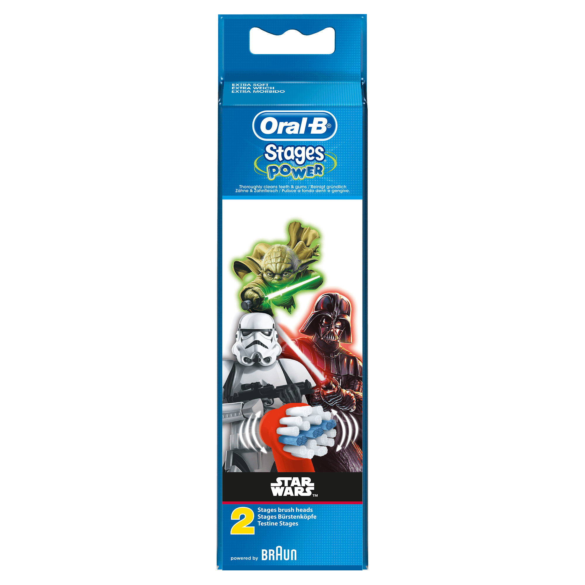 Eine blaue Oral-B Zahnbürstenbox. Yoda, Darth Vader und ein Sturmtruppler sind mit Star Wars-Branding abgebildet.