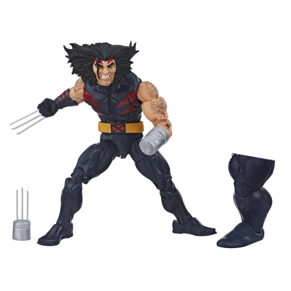 Action figure di Wolverine con artigli estesi. Include artigli di ricambio e uno stivale. Abito nero con cintura gialla, braccia muscolose ed espressione arrabbiata.