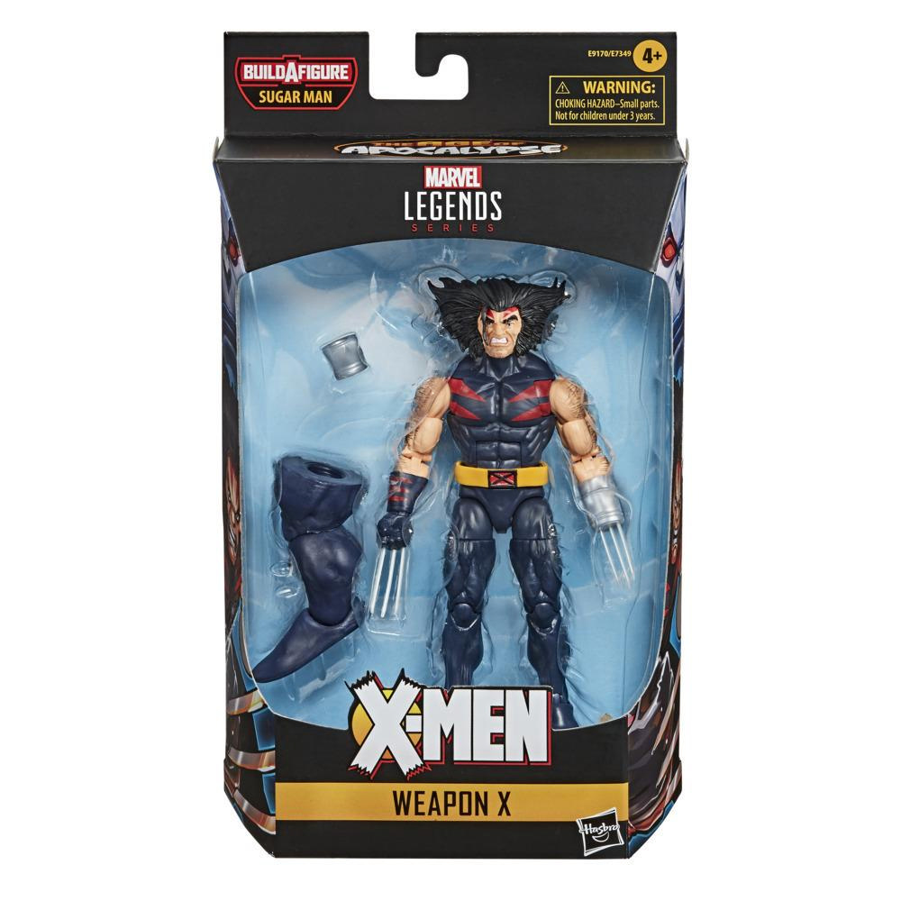 Un personaggio d'azione di Wolverine in una scatola. È un personaggio Marvel Legends X-Men Weapon X. La scatola mostra il personaggio Sugar Man.