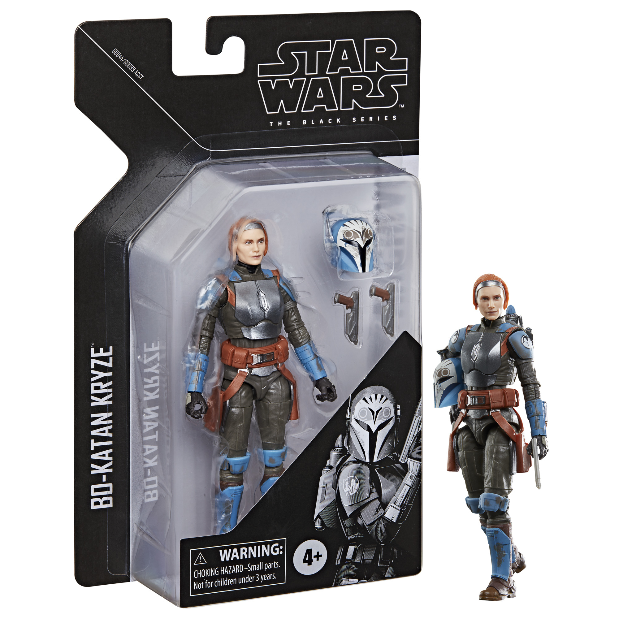 Figurka akcji Star Wars Black Series Bo-Katan Kryze jest w opakowaniu. Figurka ma na sobie niebiesko-szarą zbroję.
