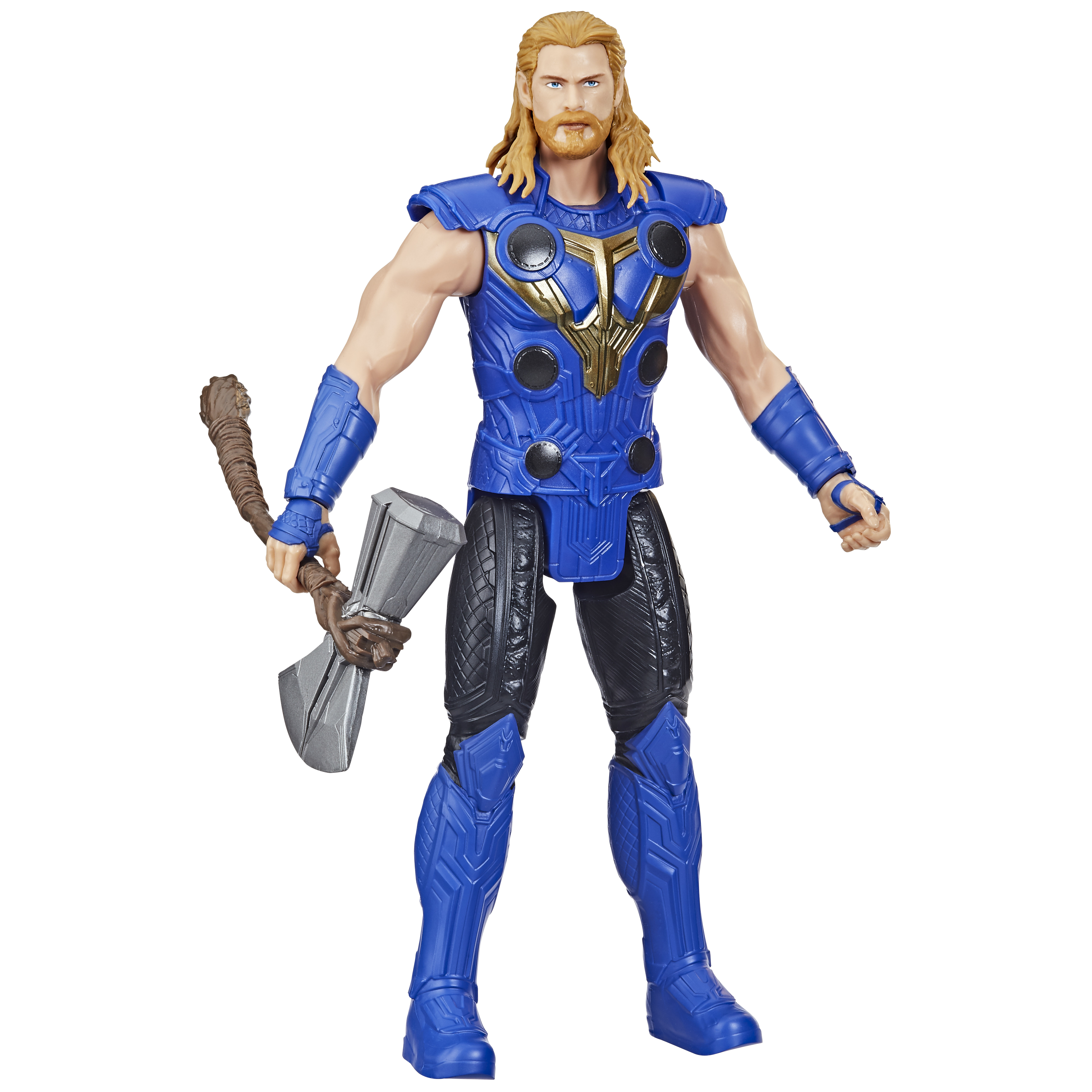 Una figura de acción de Thor con armadura azul sosteniendo un martillo. La figura tiene pelo rubio y barba.