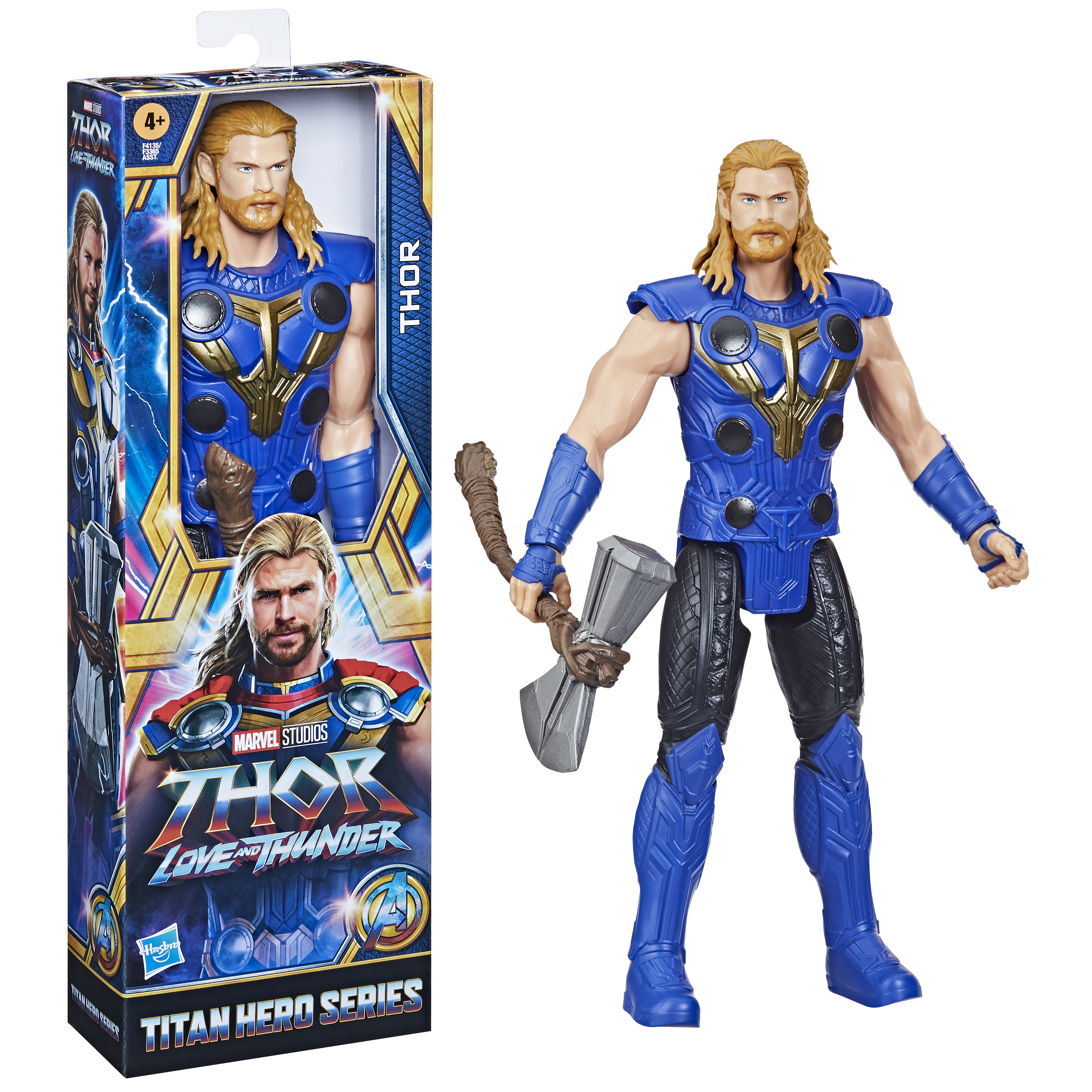 Figura de acción de Thor con martillo y embalaje. Viste armadura azul con detalles dorados. Pelo y barba rubios.