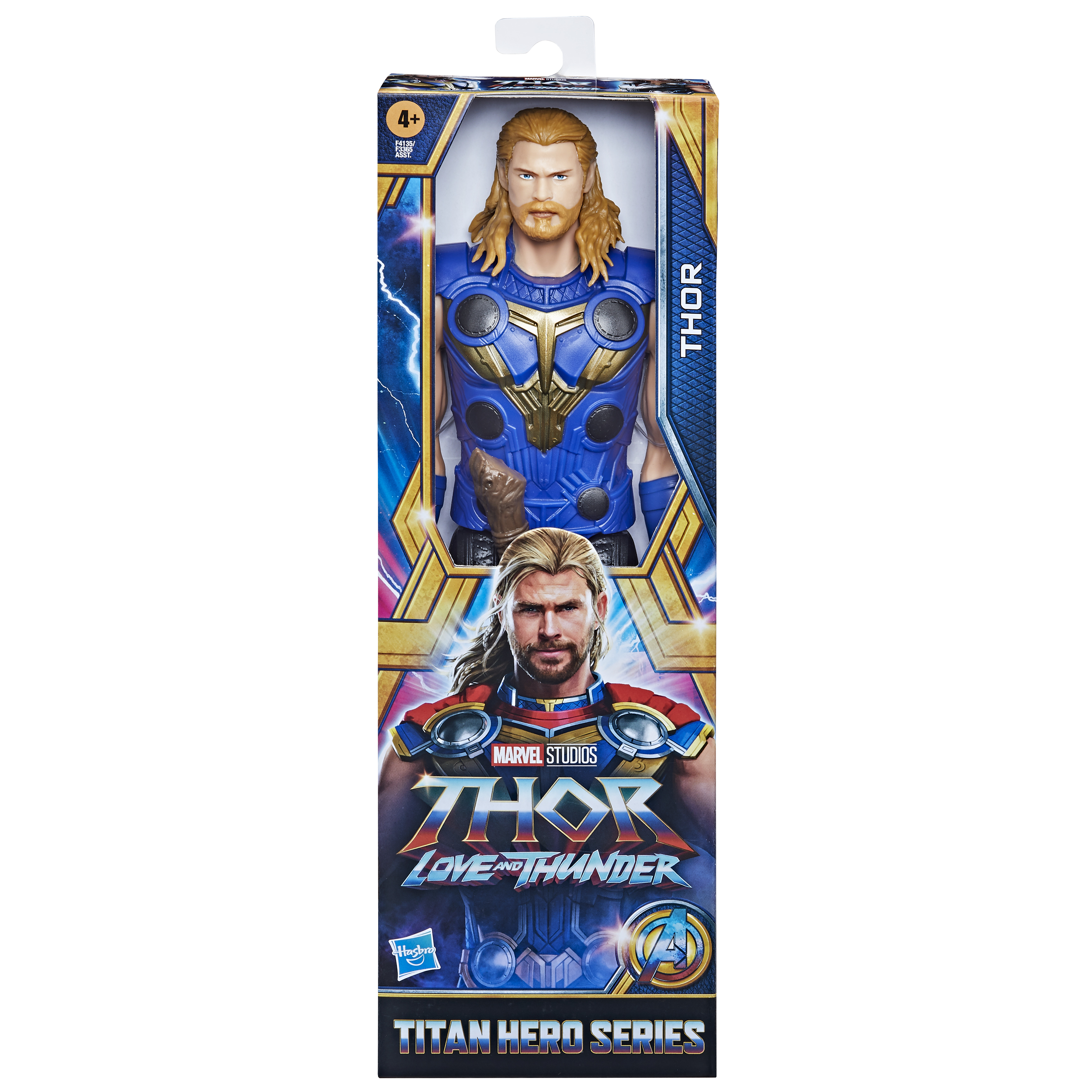 Figura de acción de Thor en caja. La caja muestra a Thor con su disfraz. Incluye el título de la película 'Thor Love and Thunder'.