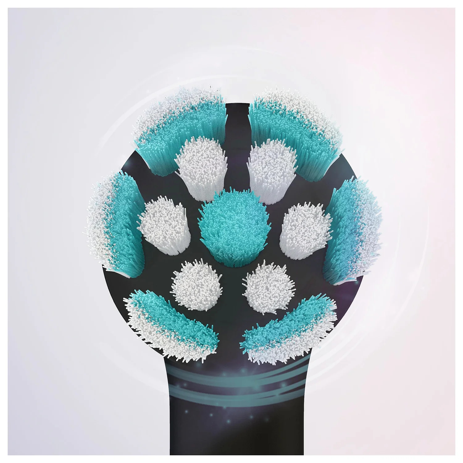 Zbliżenie głowicy szczoteczki do zębów z białym i turkusowym włosiem ułożonym w okrąg, na czarnej podstawie.