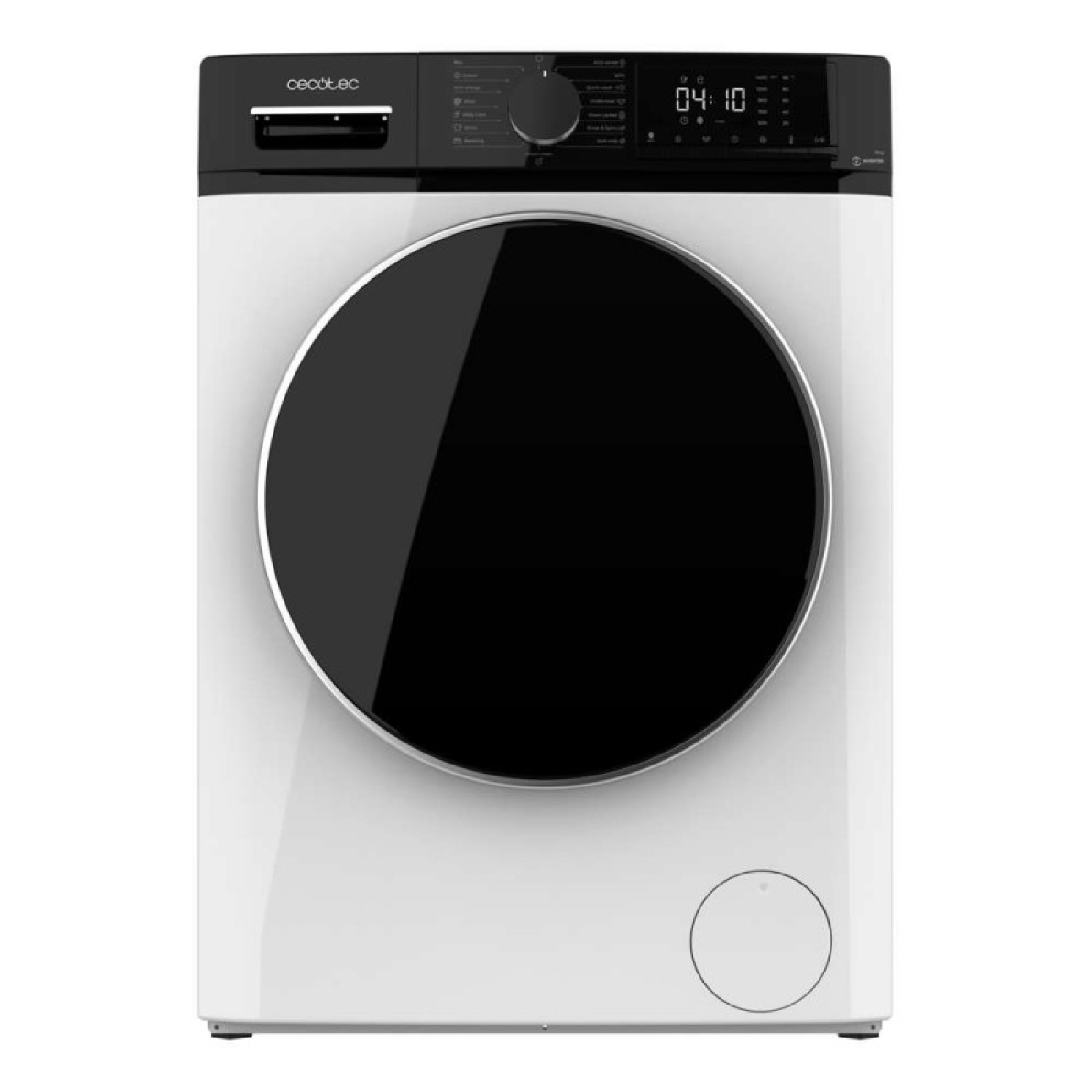 Biała pralka z czarnymi drzwiami. Wyświetlacz cyfrowy pokazuje 04:10. Marka 'cecotec' widoczna na górze.