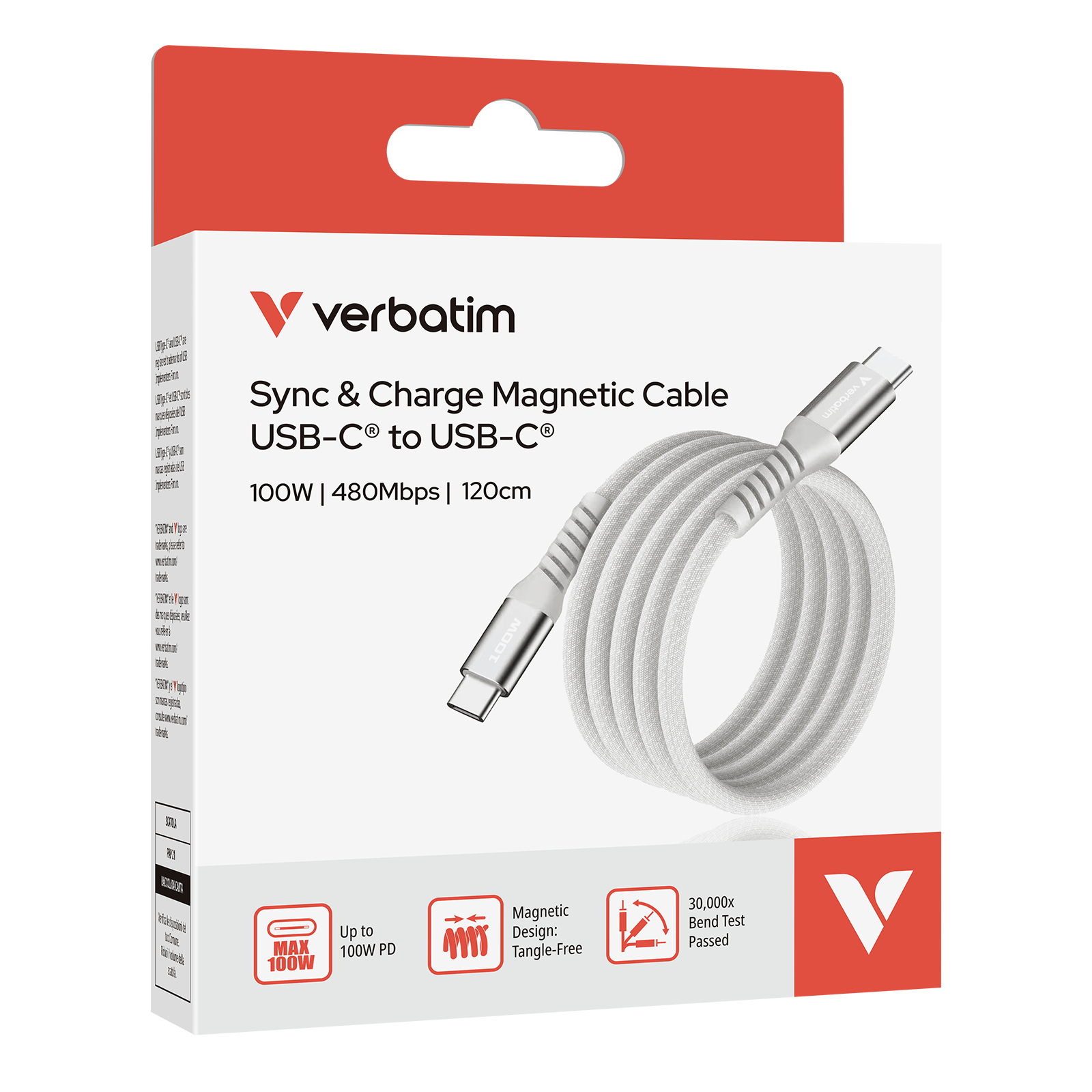Een witte Verbatim USB-C-kabel in de verpakking. De verpakking is wit en rood, met de kabel opgerold.