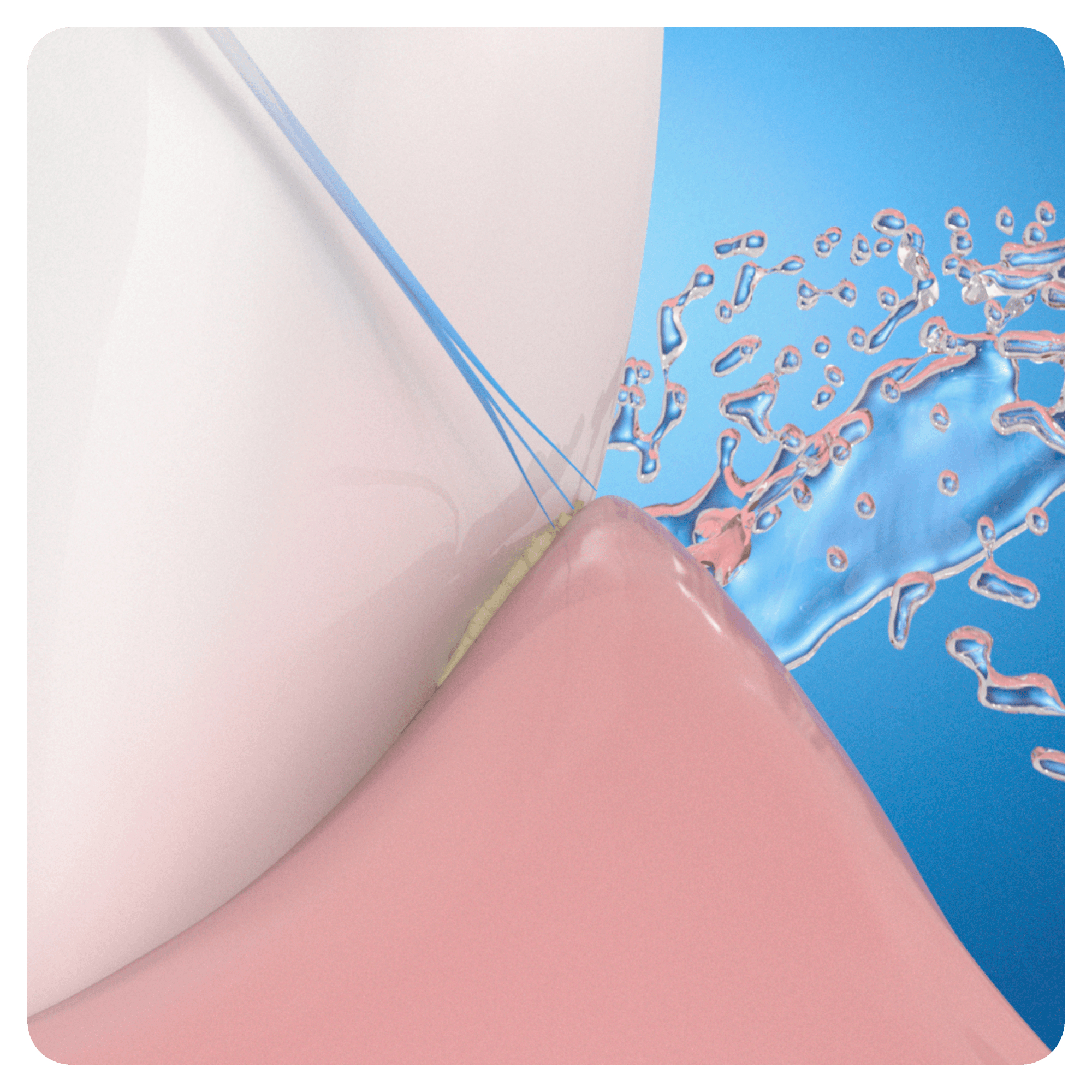 Abstrakcyjny obraz przedstawiający zęby, rozpryski wody i nić dentystyczną. Różowe i białe kształty na niebieskim tle.