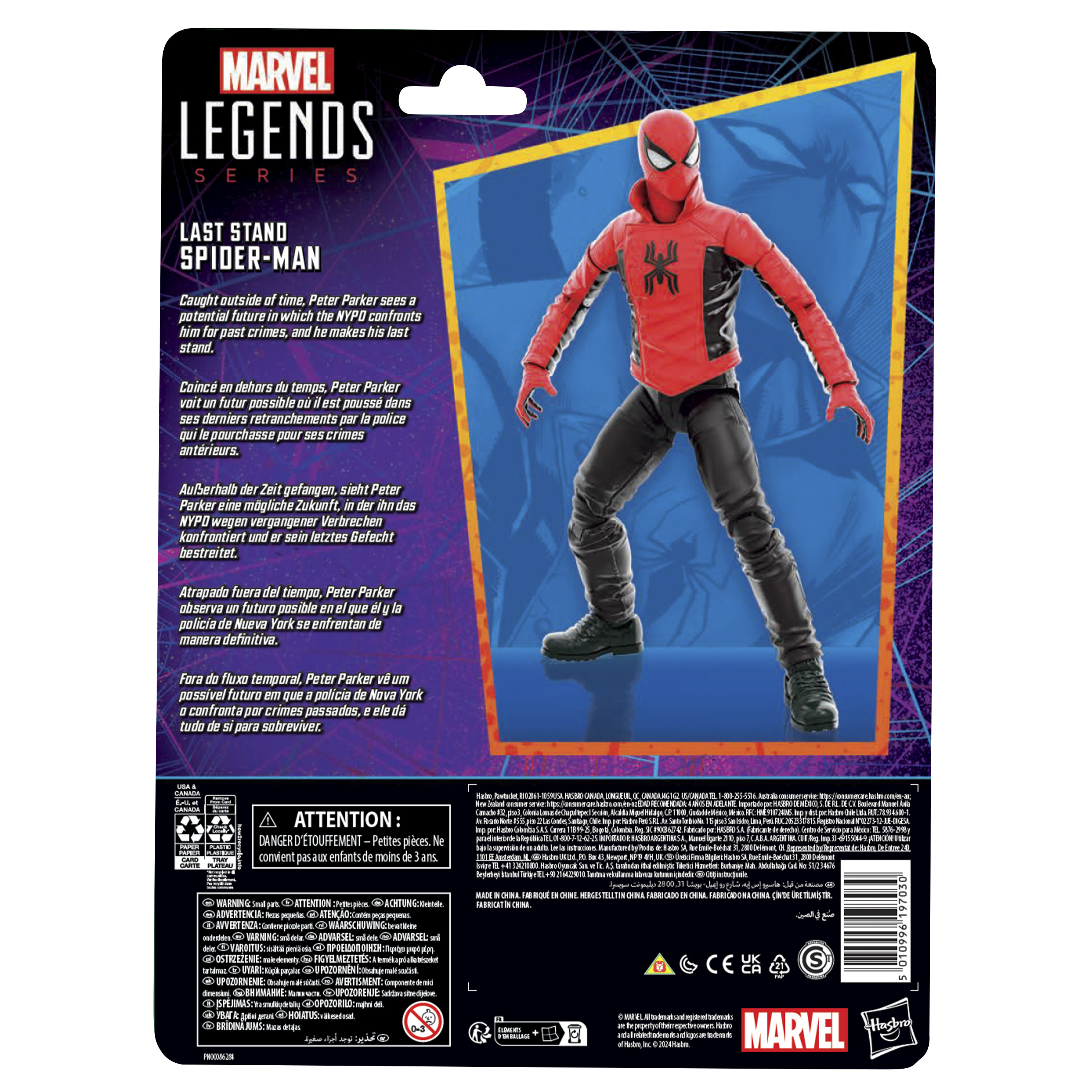Figurka Spider-Mana w czerwono-czarnym stroju na pudełku Marvel Legends.