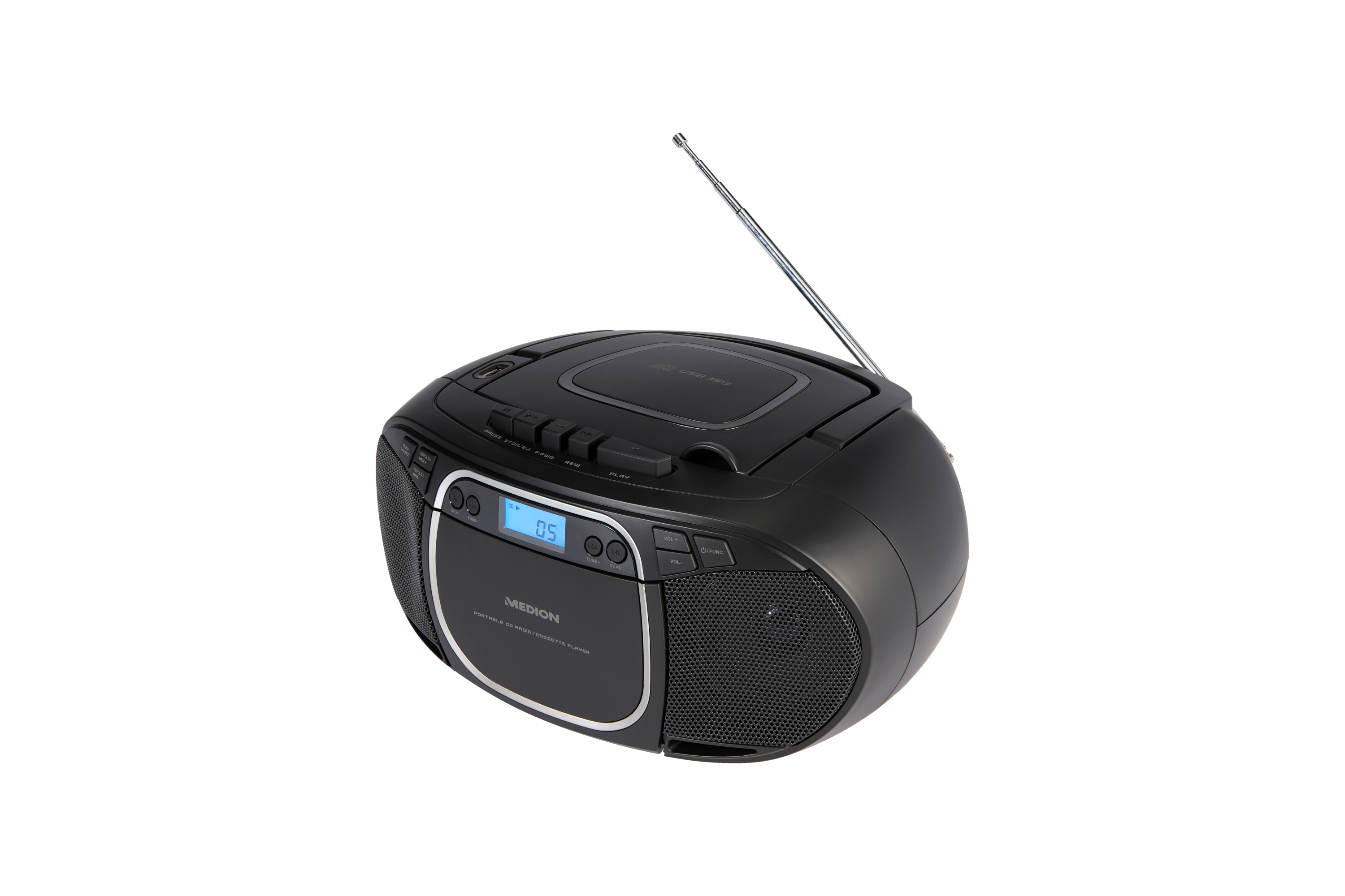 Schwarzer tragbarer Medion CD-Radio/-Kassettenspieler mit Antenne und LCD-Bildschirm mit '05'.
