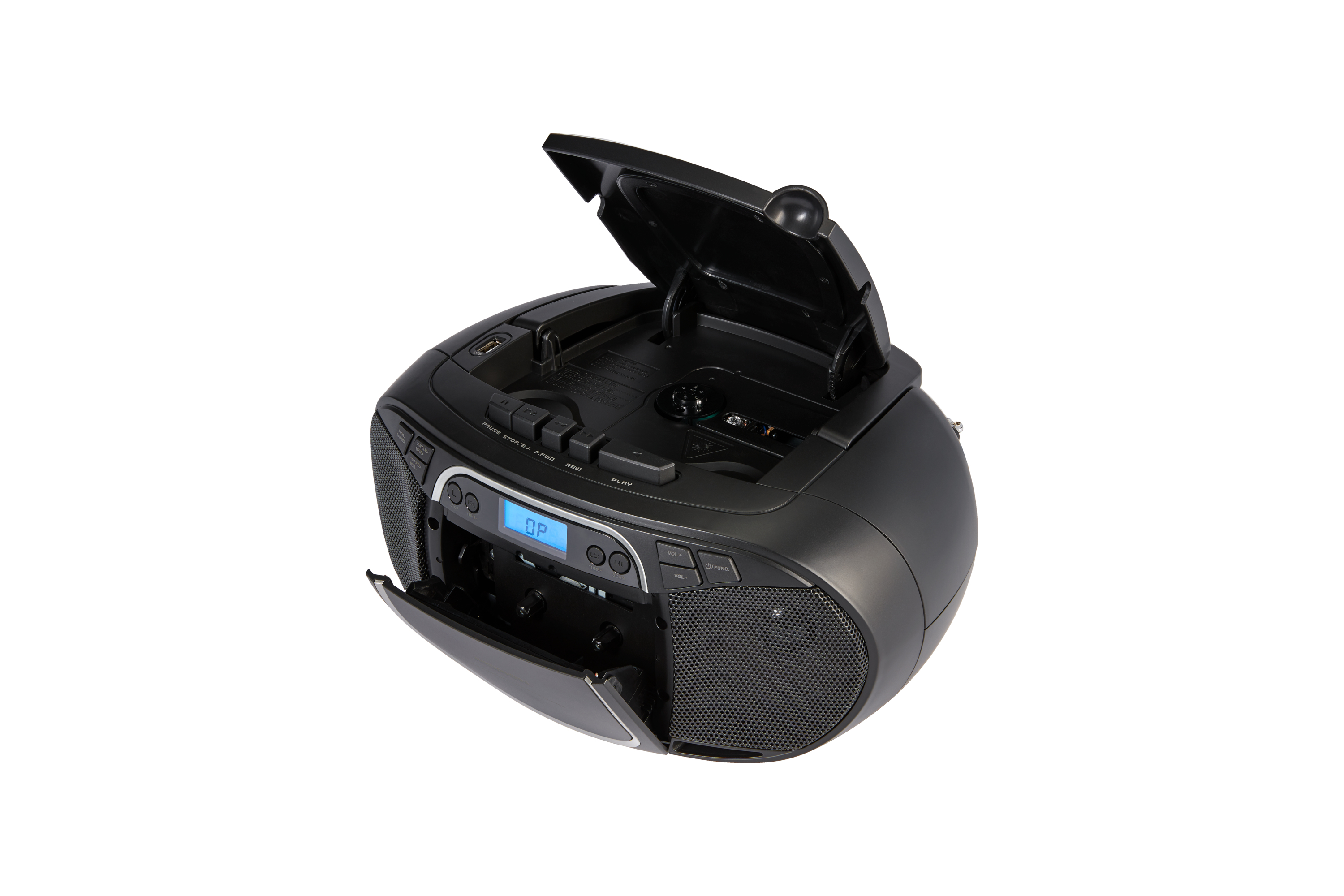 Schwarze Boombox mit geöffneten CD- und Kassettentüren, digitaler Anzeige und Lautsprechergittern auf weißem Hintergrund.