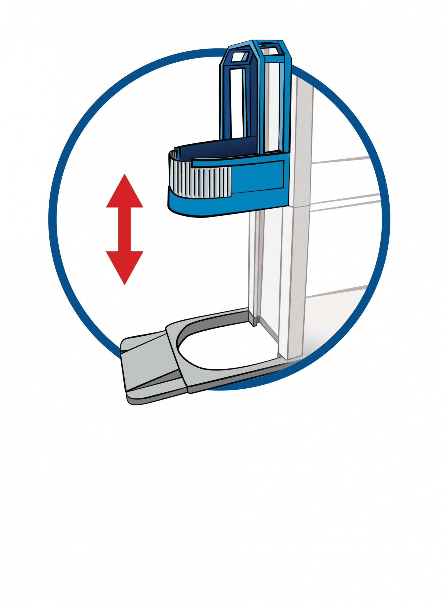 Diagramma di un componente di ascensore blu e grigio con una freccia su-giù all'interno di un cerchio blu. Lo sfondo è bianco.