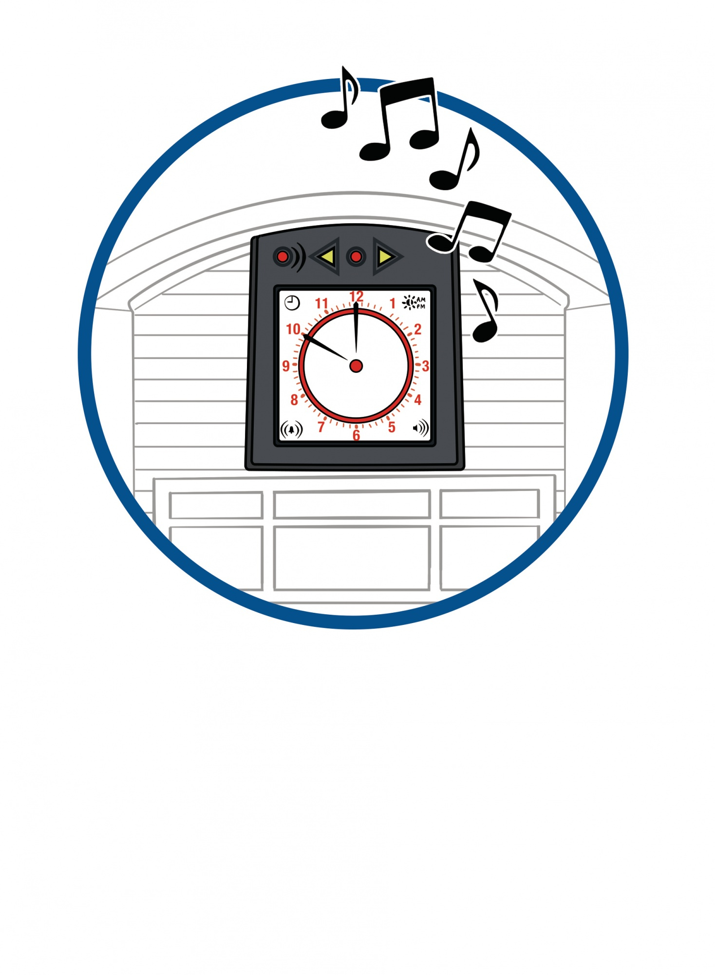 Un orologio con note musicali sopra, all'interno di un cerchio blu. L'orologio segna le 11. Sullo sfondo c'è una porta del garage.