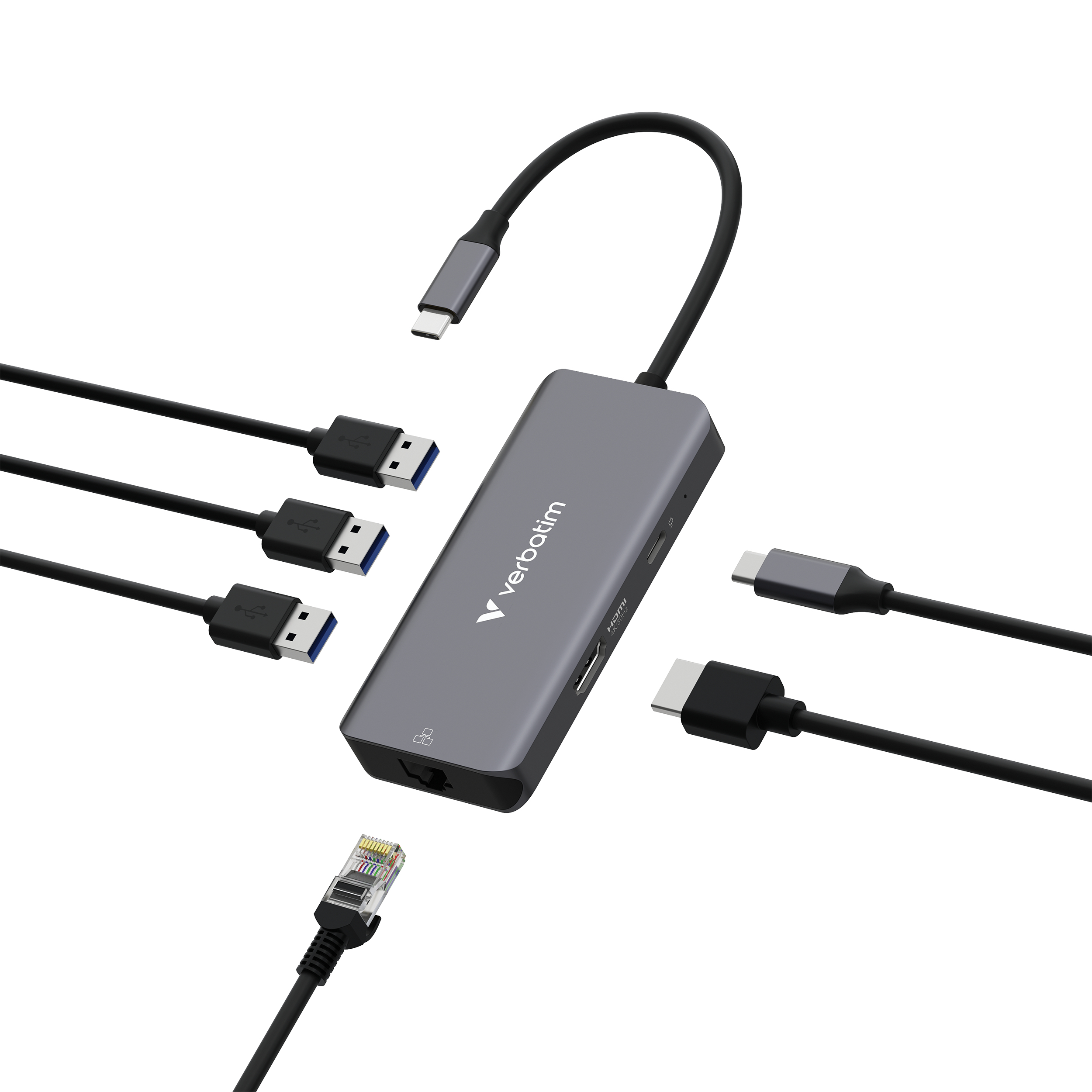 A gray Verbatim hub with multiple USB and other connectors, cables extending outwards, white background.
