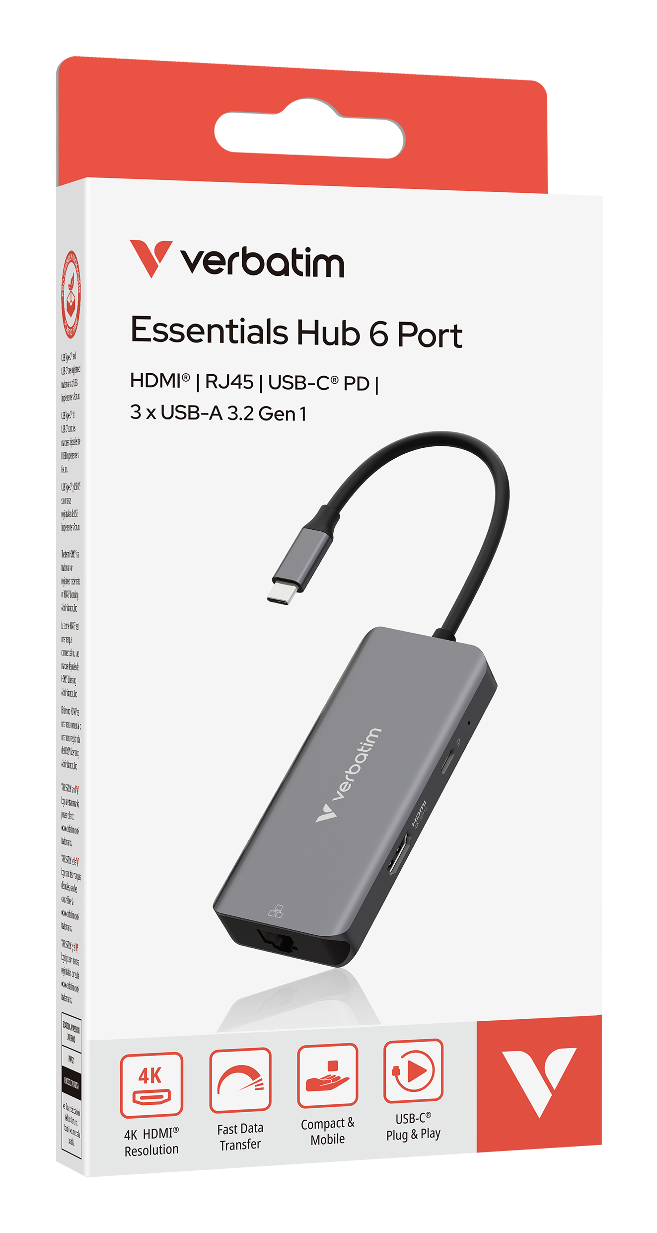 Verbatim Essentials Hub 6 Port box. Grey hub with black cable. Features: HDMI, RJ45, USB-C PD, and 3x USB-A ports.