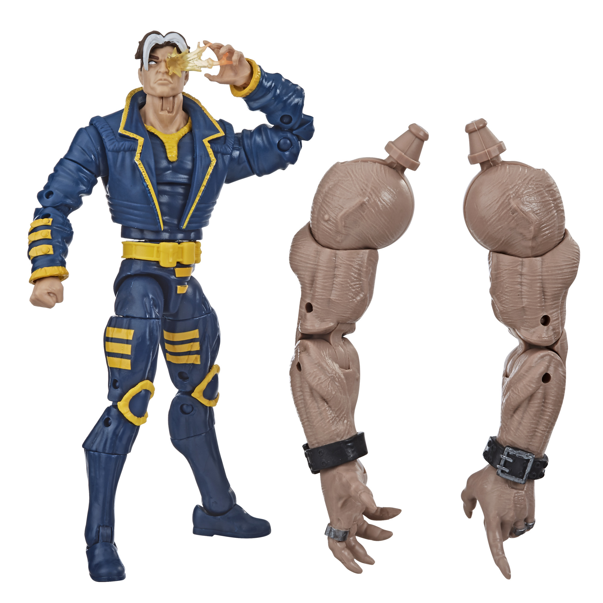 Action figure di un uomo in tuta blu e gialla, l'occhio che spara energia. Anche due braccia staccate.