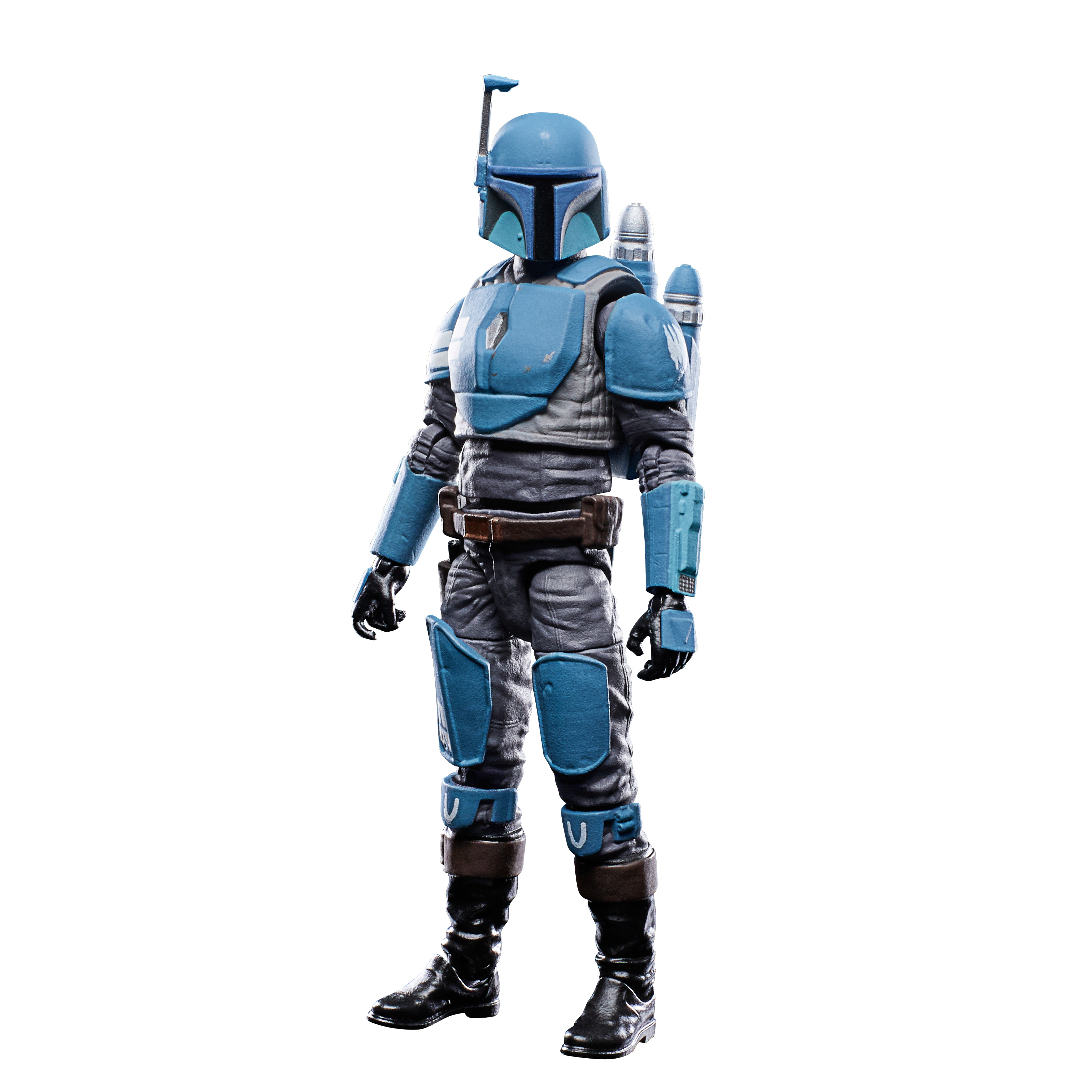 Una action figure blu e grigia di un guerriero Mandaloriano. Ha un jetpack, un casco e un'armatura. Lo sfondo è bianco.