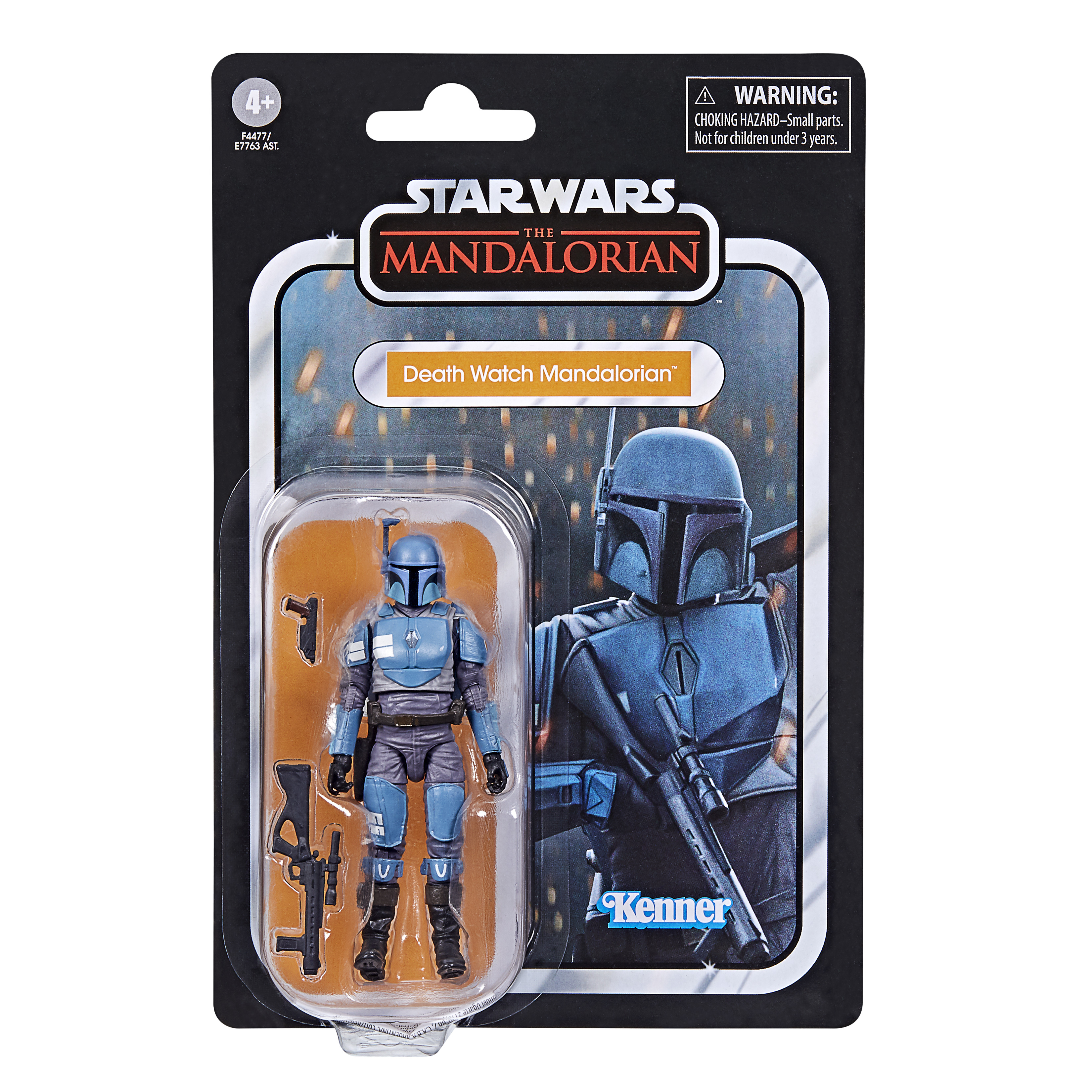 Un personaggio d'azione di Star Wars Mandalorian in una custodia di plastica. Mostra il Death Watch Mandalorian con armi.