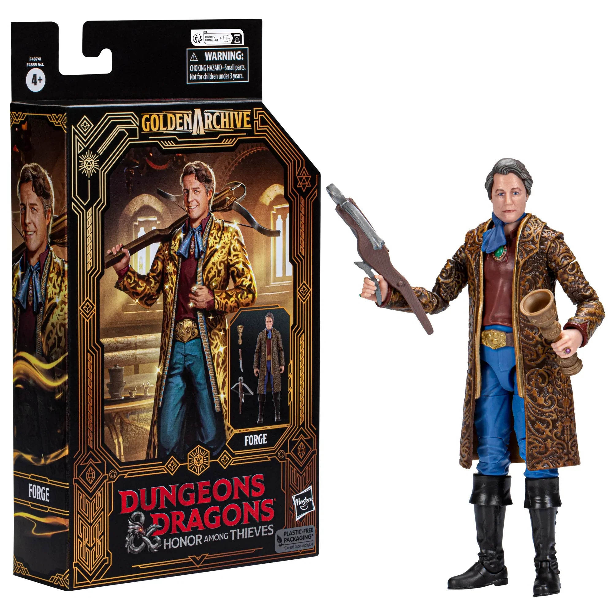Action figure di un uomo con un cappotto fantasia, che tiene in mano un'arma e un corno, accanto alla scatola.
