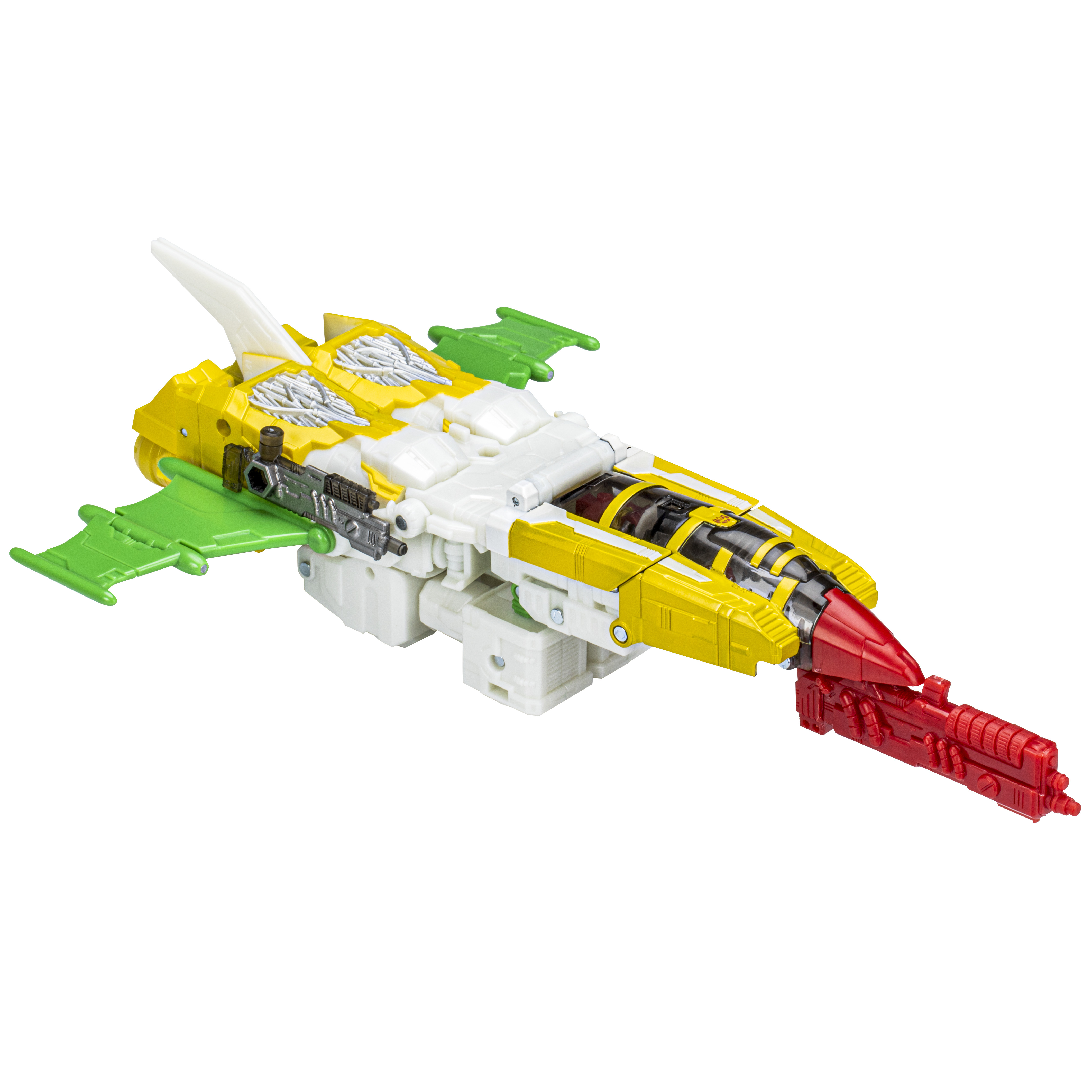 Un aereo giocattolo giallo, bianco e verde. Ha un naso rosso e un cannone. Le ali sono verdi.