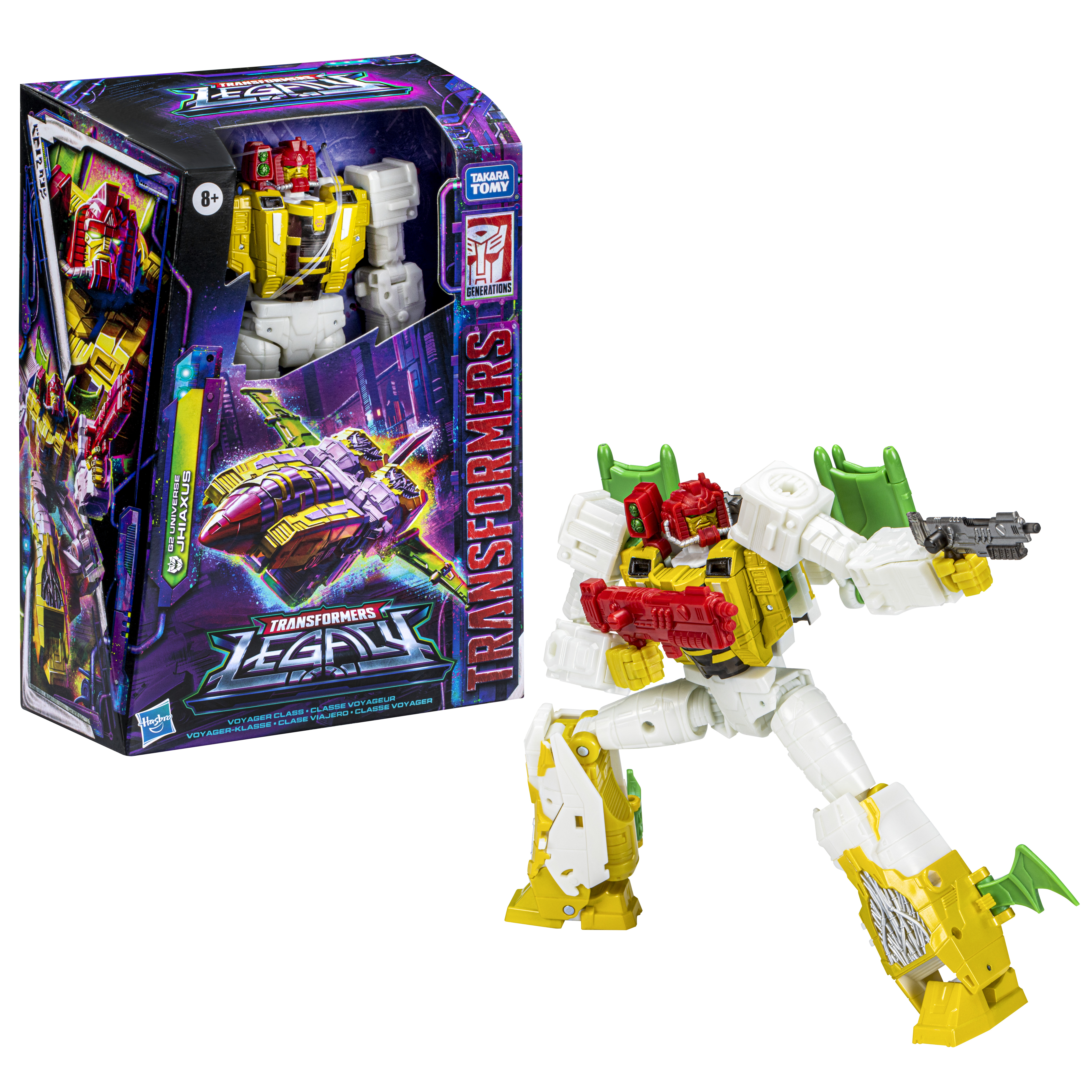 Un giocattolo Transformers in una scatola. Il giocattolo è giallo, rosso e bianco. La scatola è viola e nera. È un robot.