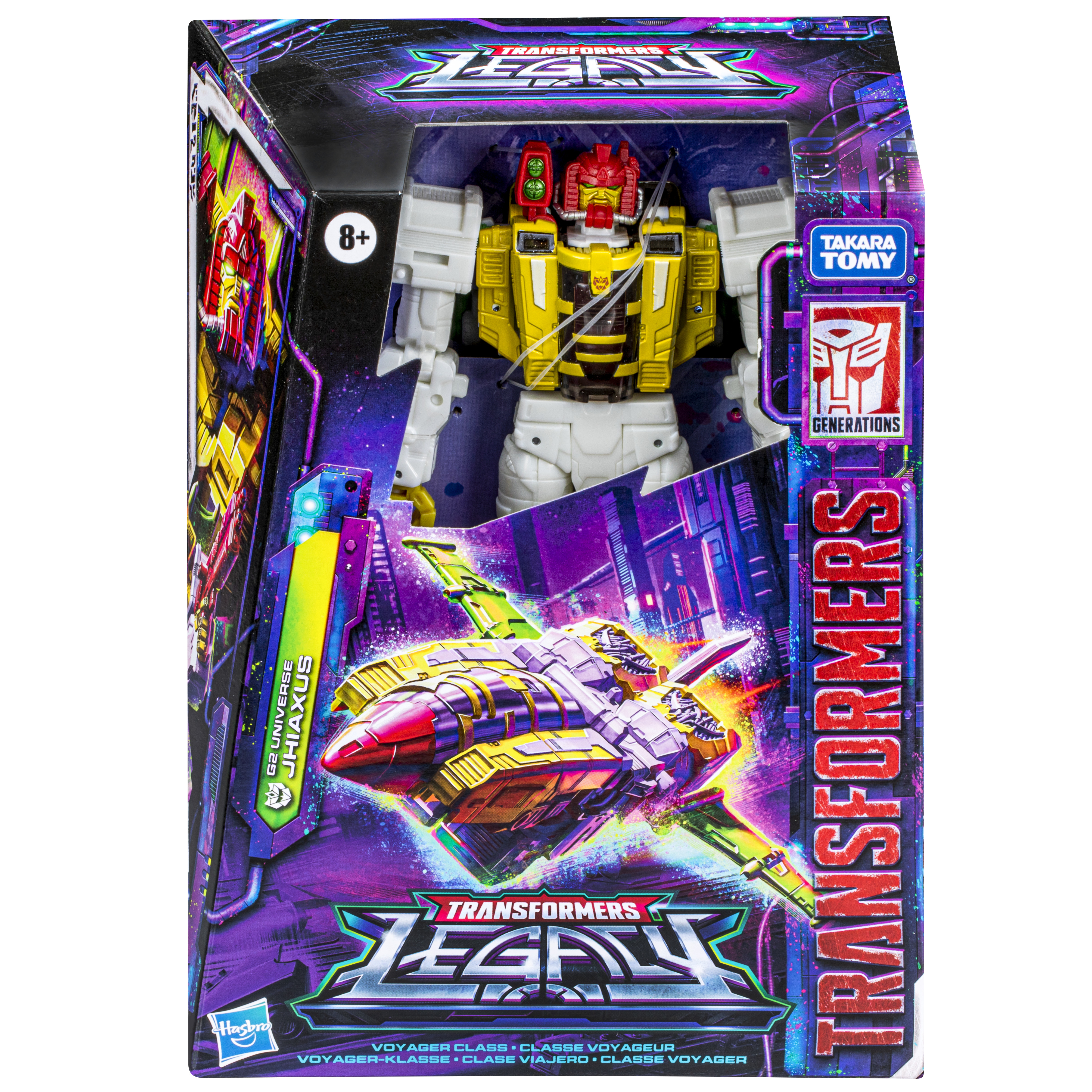 Una scatola di giocattoli Transformers Legacy. La scatola mostra un robot e un'astronave. Lo sfondo è una scena cittadina.