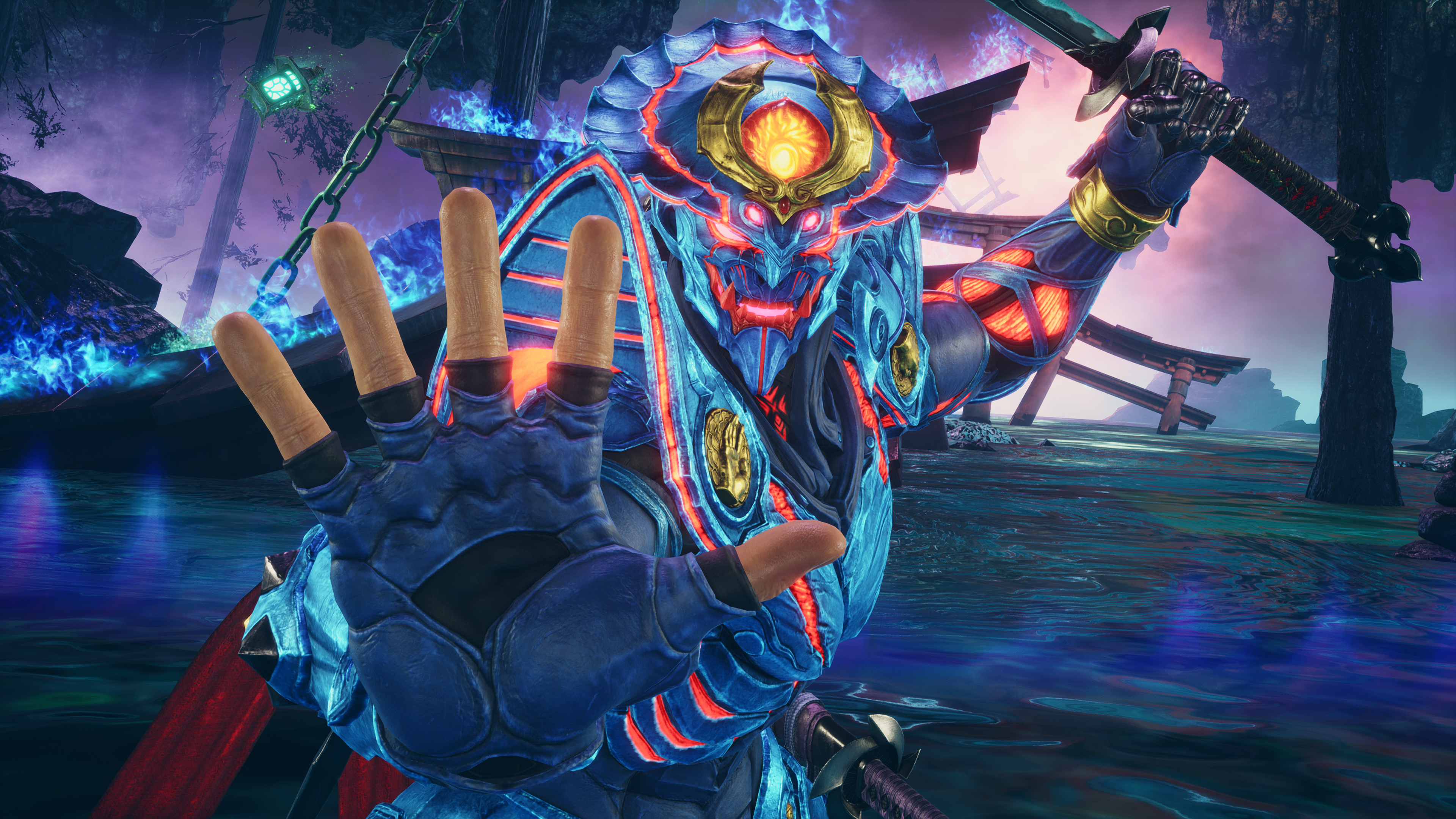 Niebieska opancerzona postać z świecącą maską i wyciągniętą ręką. Miecz trzymany w drugiej dłoni. Tło to sceneria wodna.