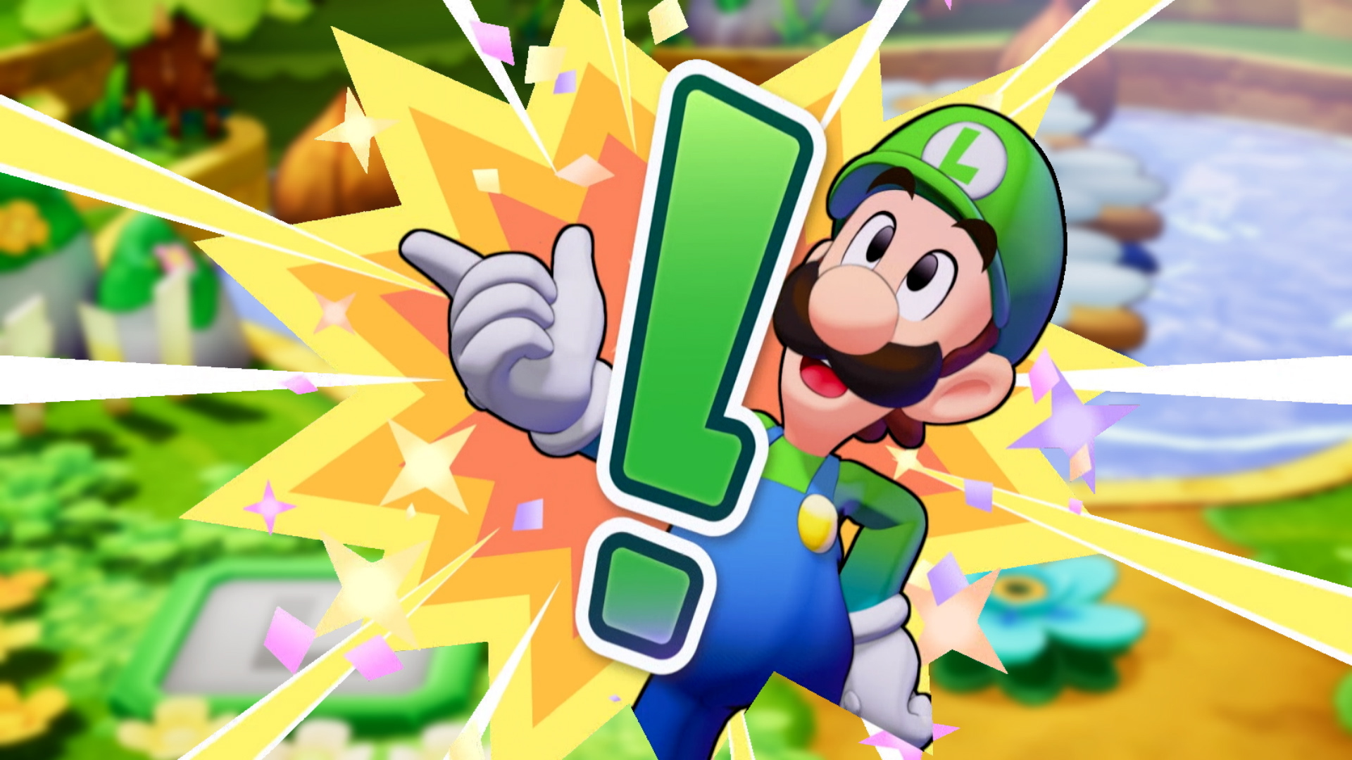 Luigi indica un punto esclamativo verde, all'interno di un'esplosione gialla. Indossa un cappello verde e una tuta blu.