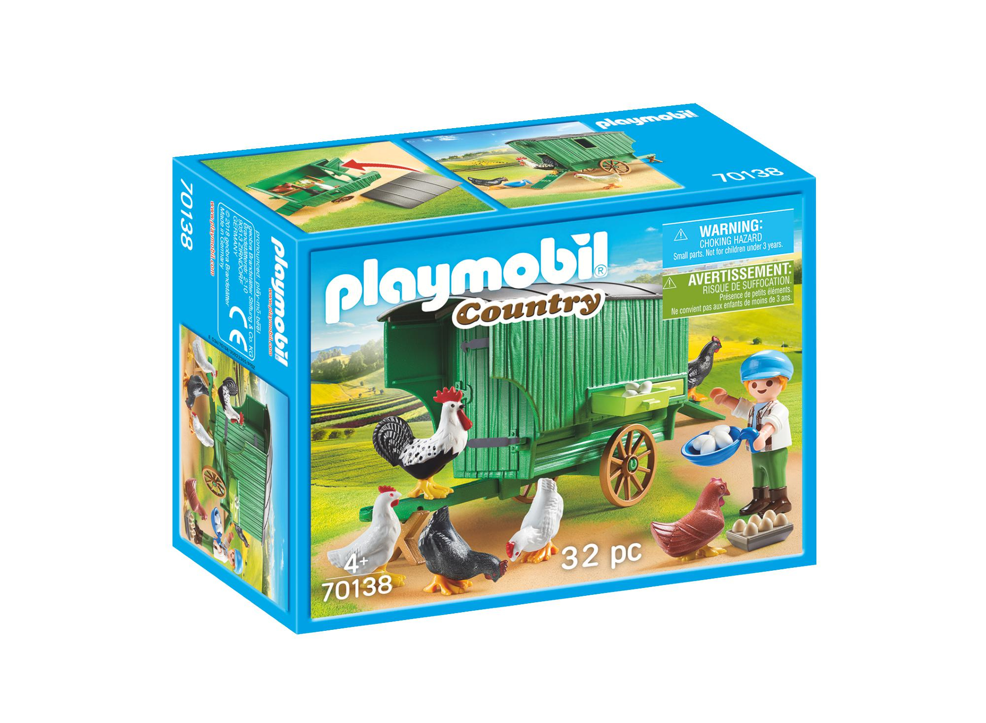 Set scatola Playmobil Country con un pollaio verde, vari polli, un contadino e accessori.