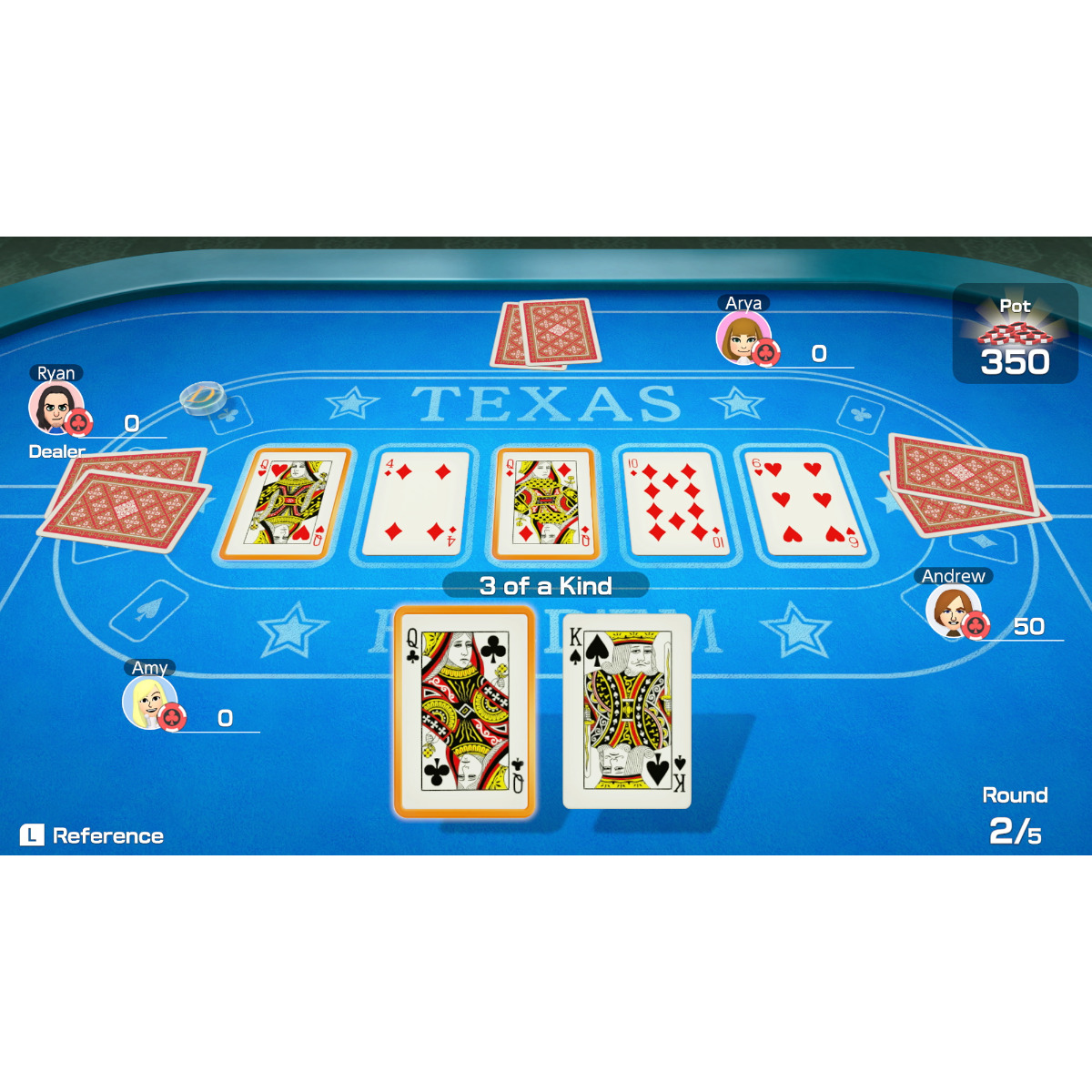 Trwa gra w pokera Texas Hold'em. Karty są rozłożone. Gracze to Amy, Ryan, Arya i Andrew. Pula wynosi 350. Runda 2/5.