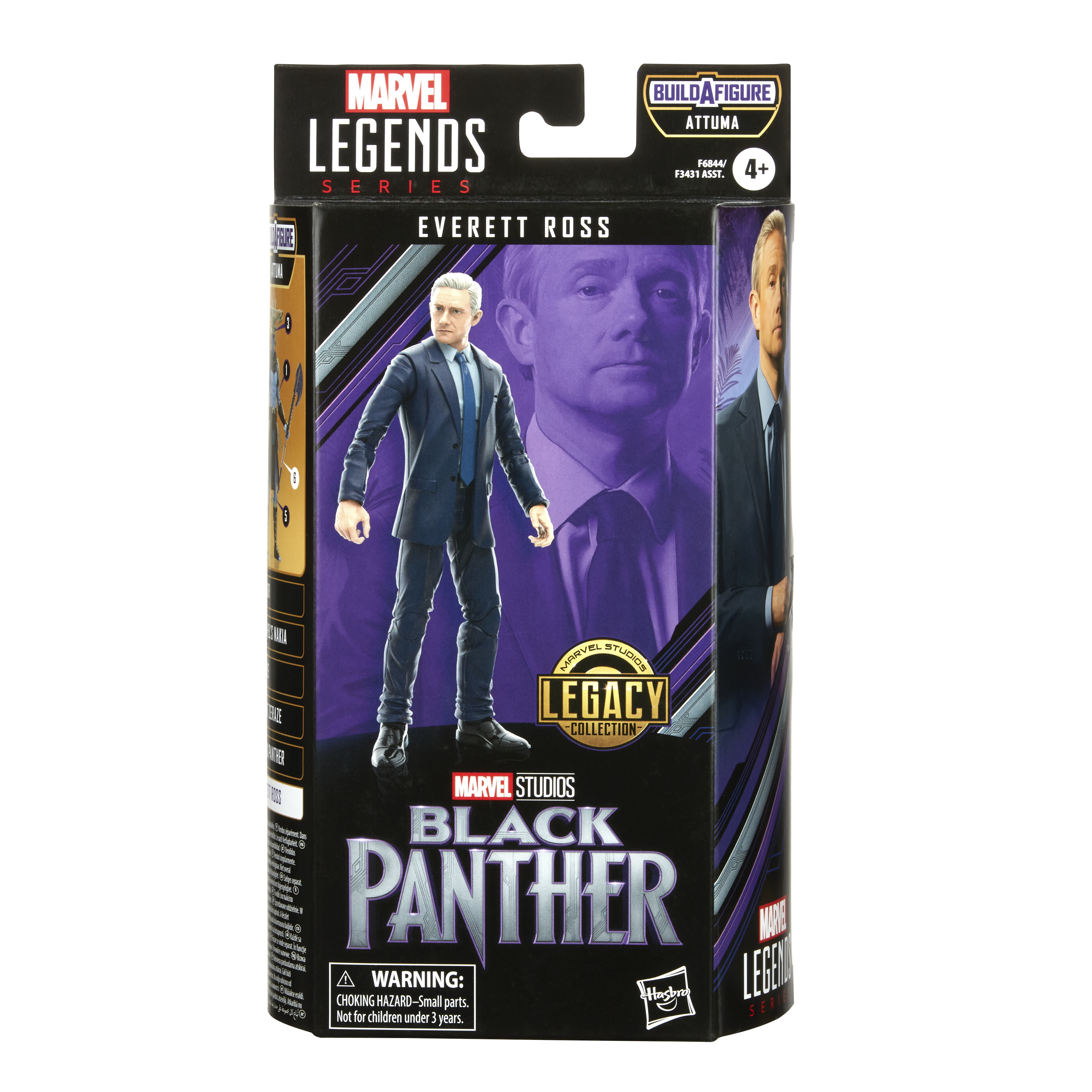 Scatola della action figure Marvel Legends Black Panther. Figura di Everett Ross visibile. Il testo include Marvel, Hasbro e avvertenze.