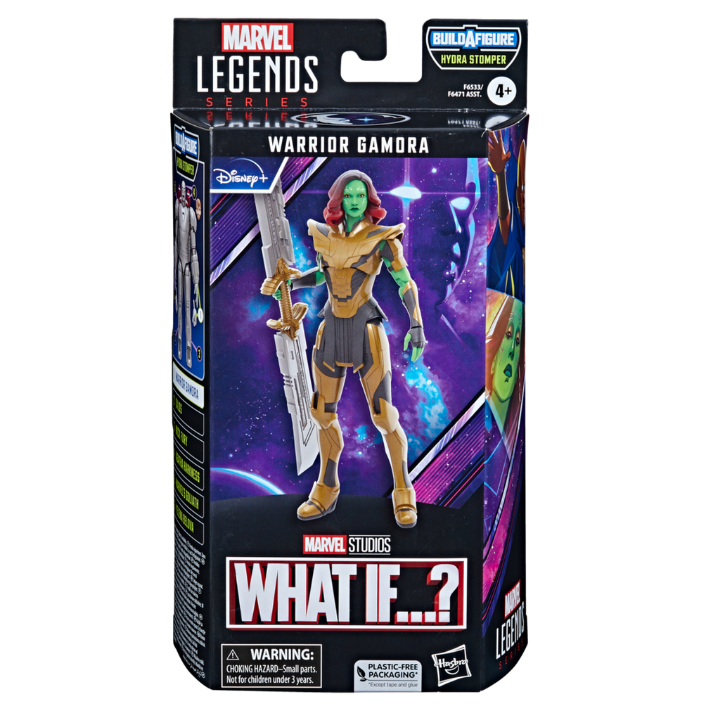 Figura de acción Marvel Legends Warrior Gamora en caja. La figura es de piel verde, sosteniendo una espada, sobre un fondo espacial.