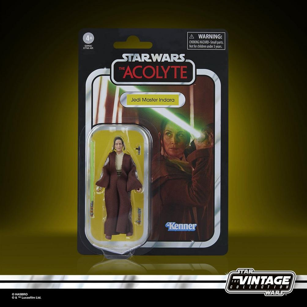 Opakowanie figurki akcji Star Wars The Acolyte. Zawiera Jedi Master Indara. Opakowanie ma styl vintage, z marką Kenner.
