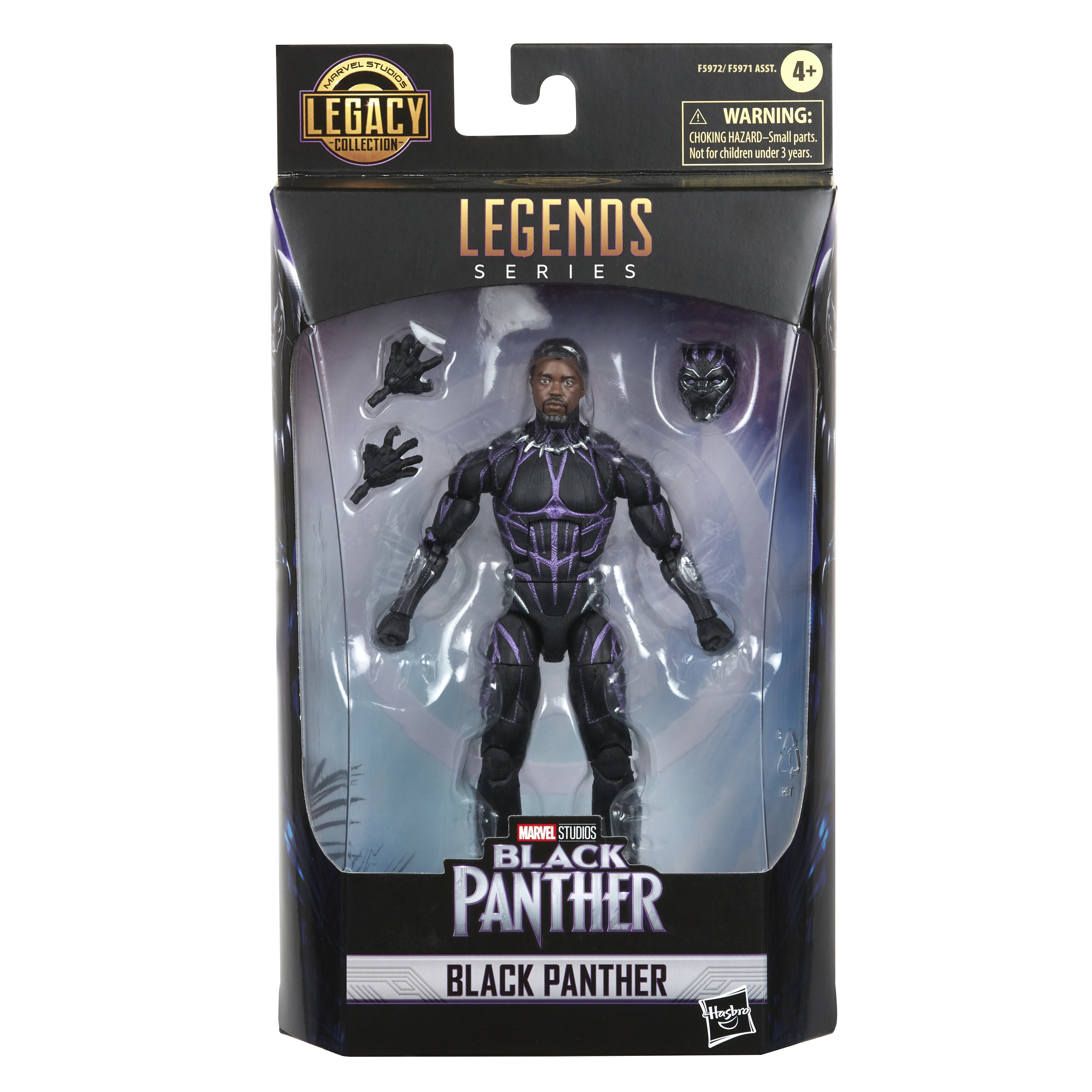 Figurka Black Panther w pudełku. To seria Marvel Legends. Pudełko ma dodatkowe dłonie i maskę.