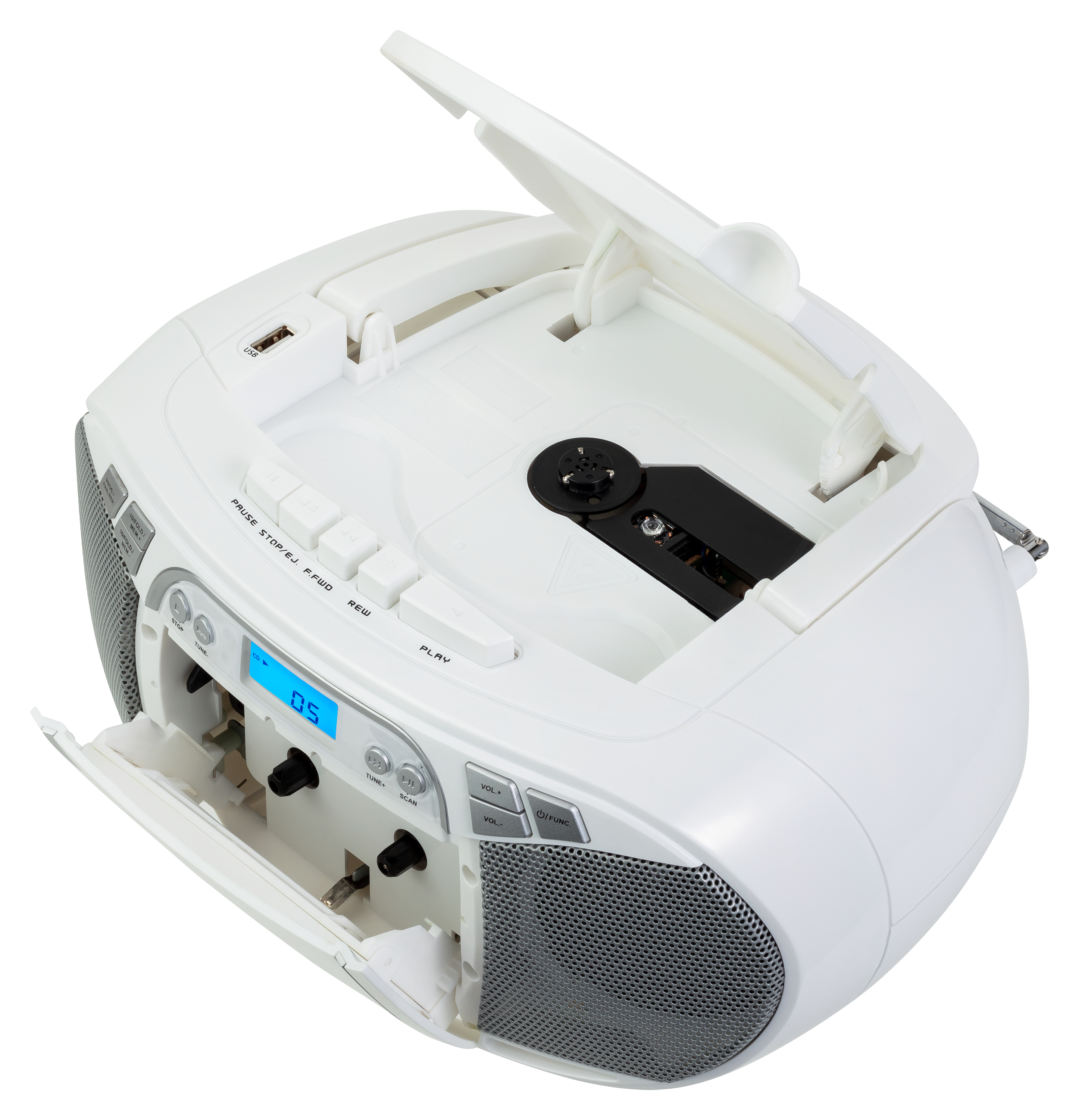Ein weißer Ghettoblaster mit geöffneten Fächern. Ein CD-Player ist sichtbar. Knöpfe und ein Digitaldisplay sind vorhanden.