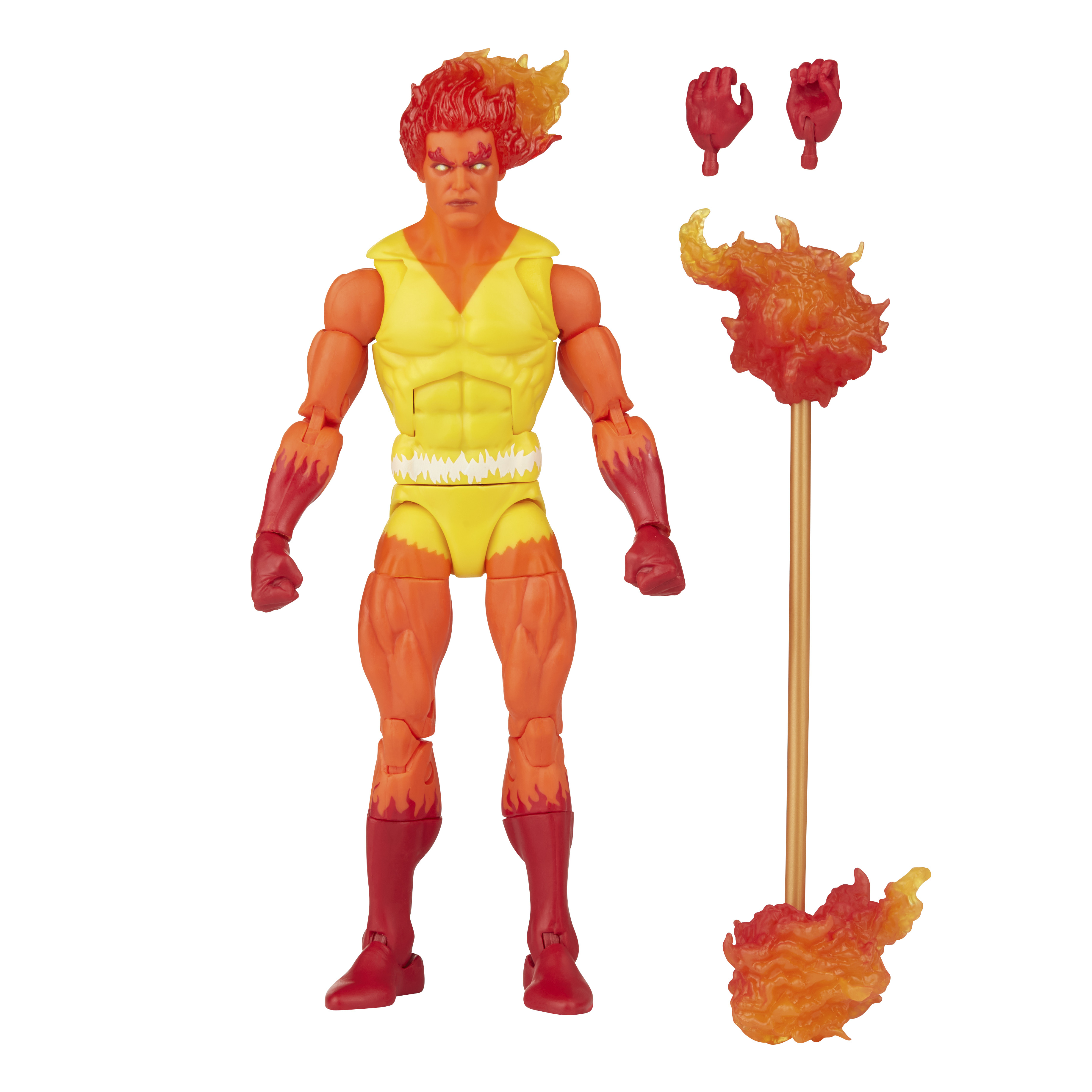 Action figure di un uomo con pelle e capelli arancioni in fiamme, indossa un abito giallo, con accessori fuoco e mani extra.