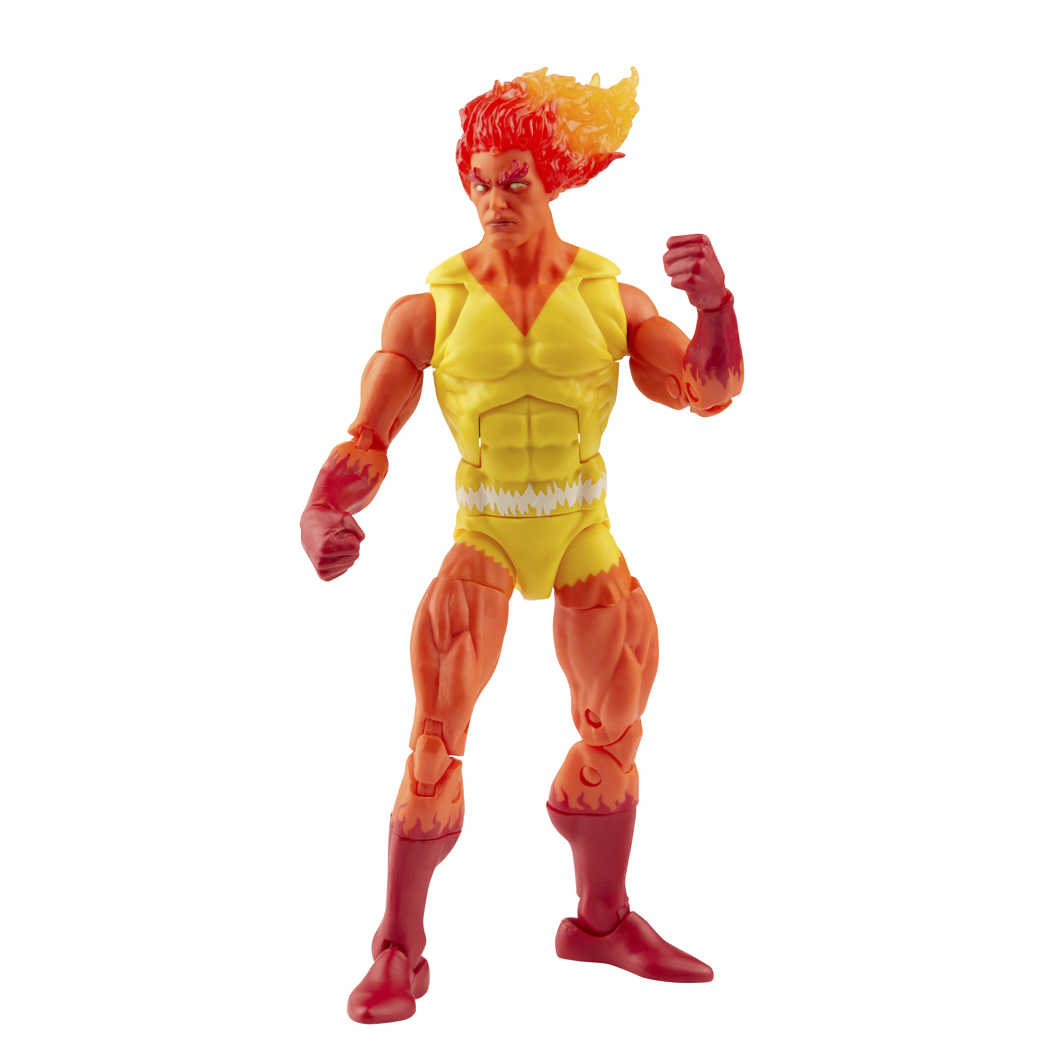 Action figure di un uomo con pelle e capelli arancioni, tuta gialla e stivali rossi, su sfondo bianco.