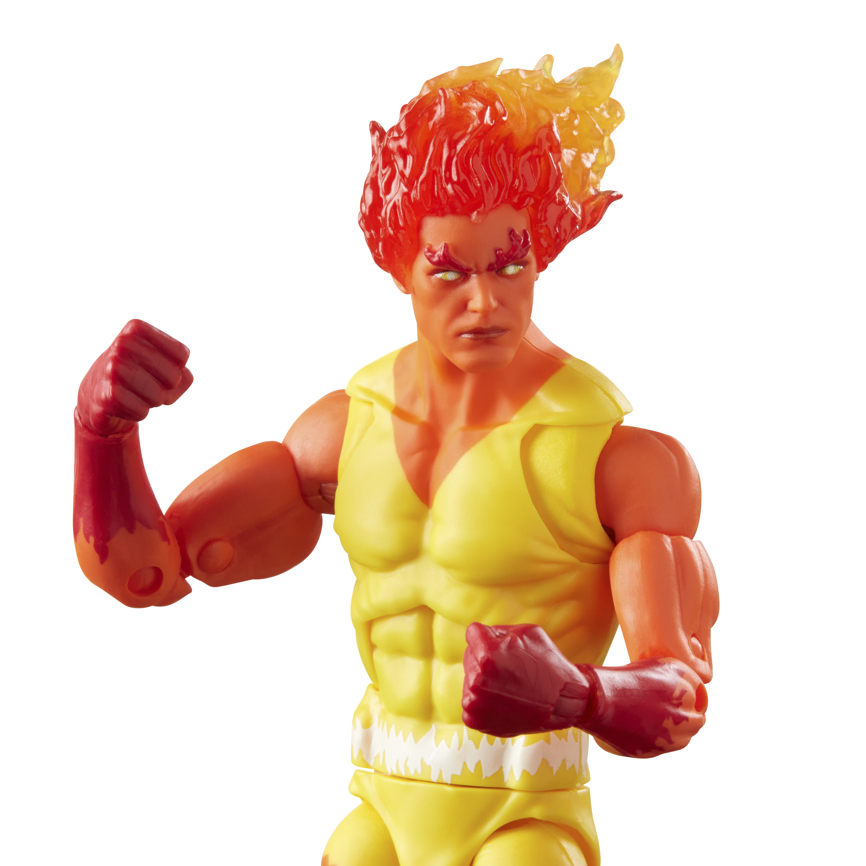 Un personaggio d'azione di un supereroe. Il personaggio ha i capelli di fuoco e indossa un completo giallo, pugni chiusi.