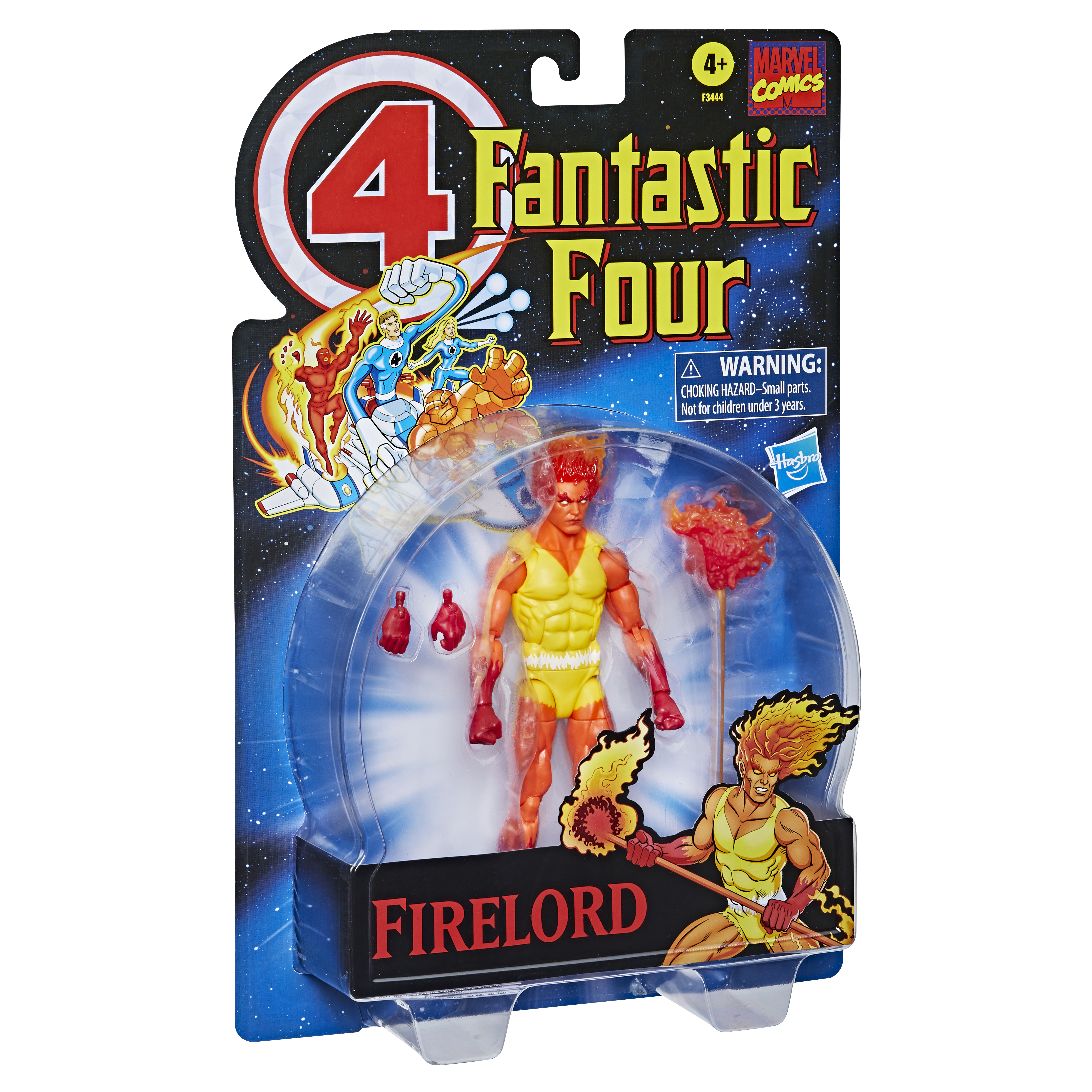Un personaggio d'azione di Firelord nella confezione. La confezione presenta il logo dei Fantastici Quattro e il marchio Marvel Comics.