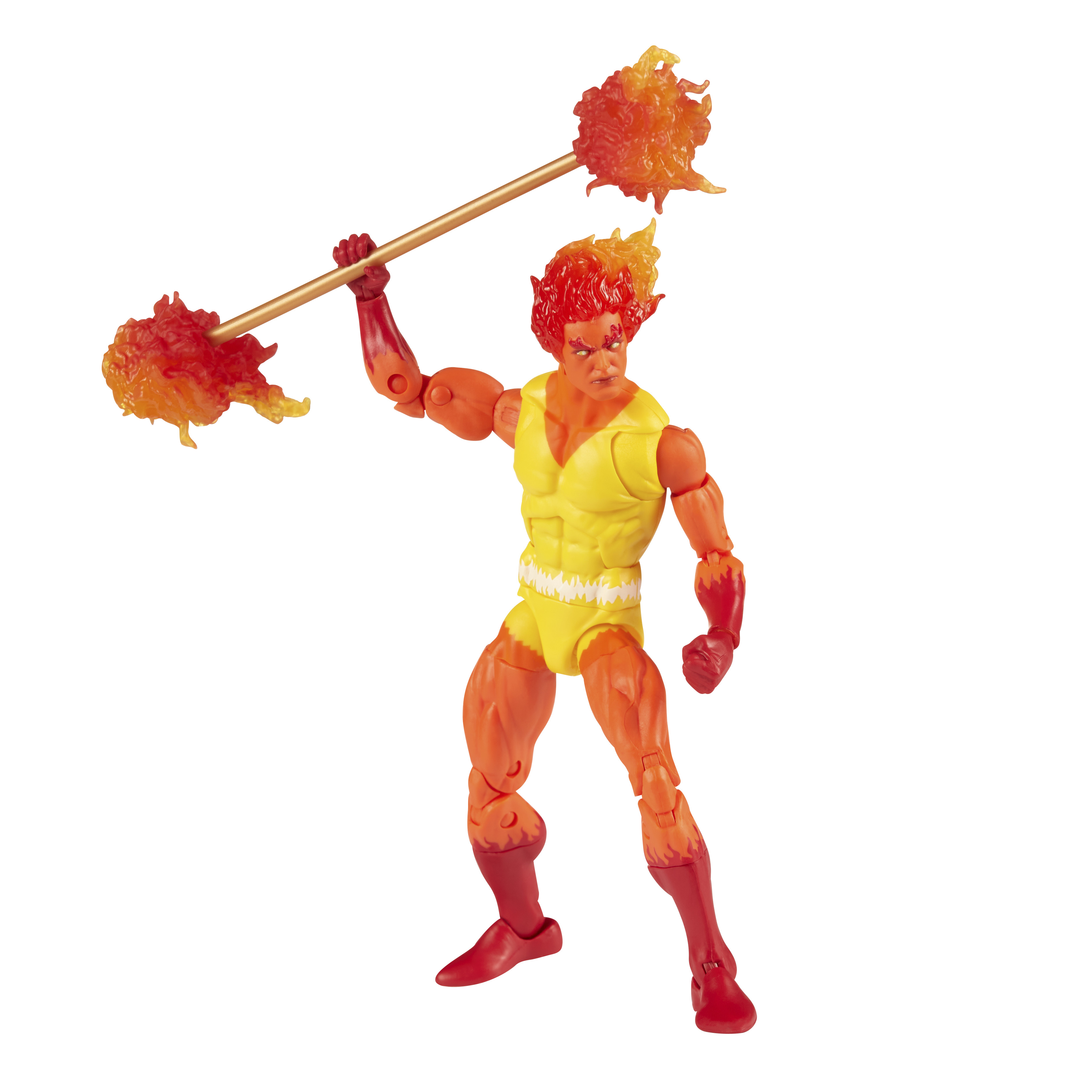 Action figure di un uomo con pelle arancione, abito giallo e fiamme. Tiene un bastone con palle di fuoco.