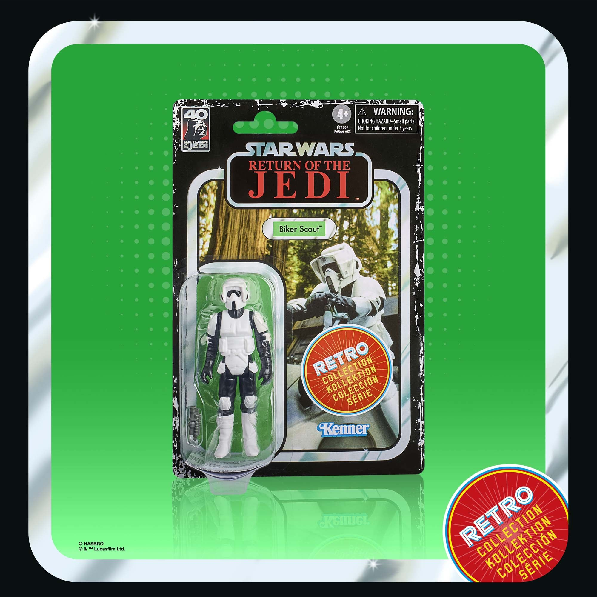 Opakowanie figurki Star Wars. Zawiera figurkę Biker Scout z Powrotu Jedi i styl retro.