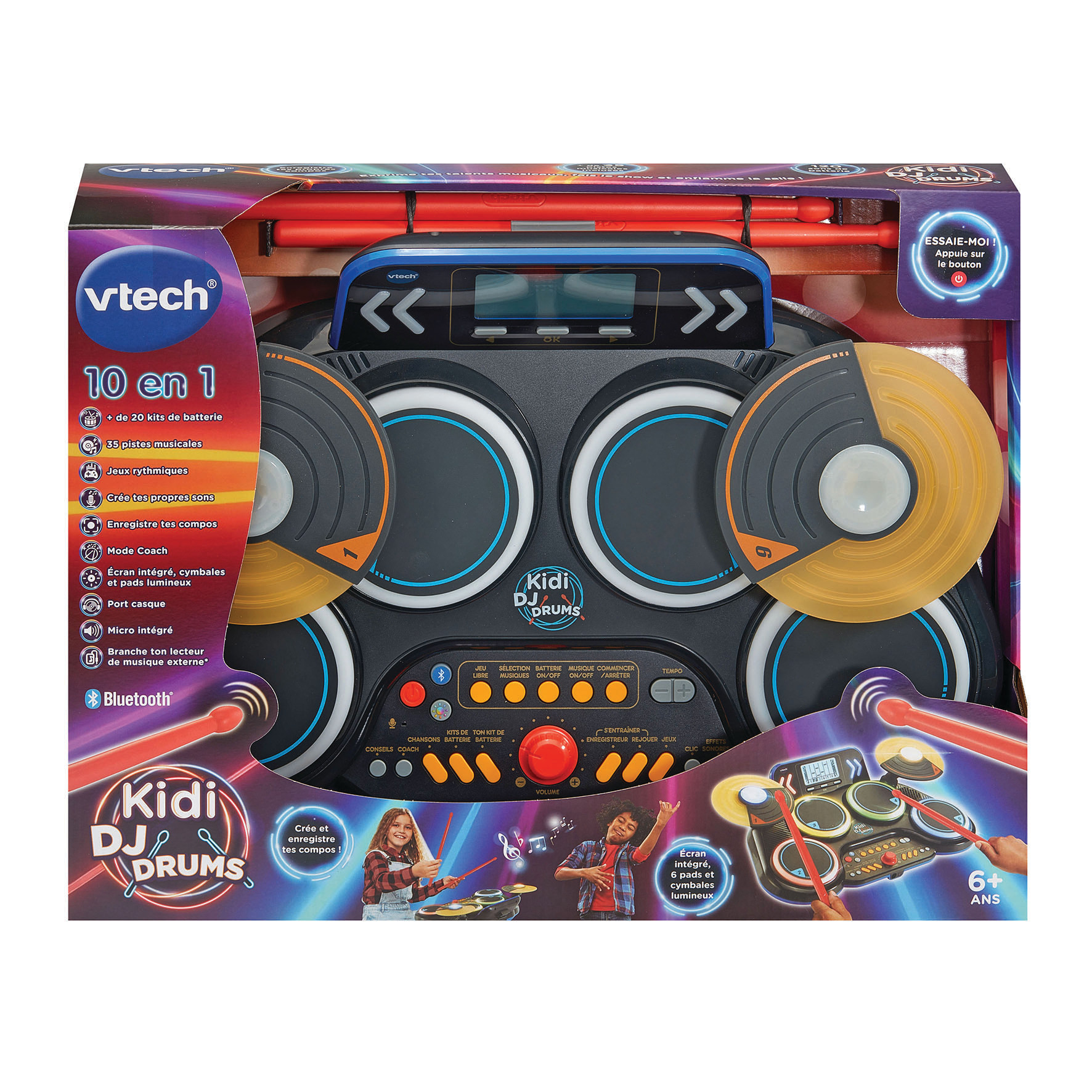 Verpacktes VTech Kidi DJ Drums Spielzeug. Mit elektronischen Trommeln, Pads und Becken. Enthält Drumsticks und einen Bildschirm.