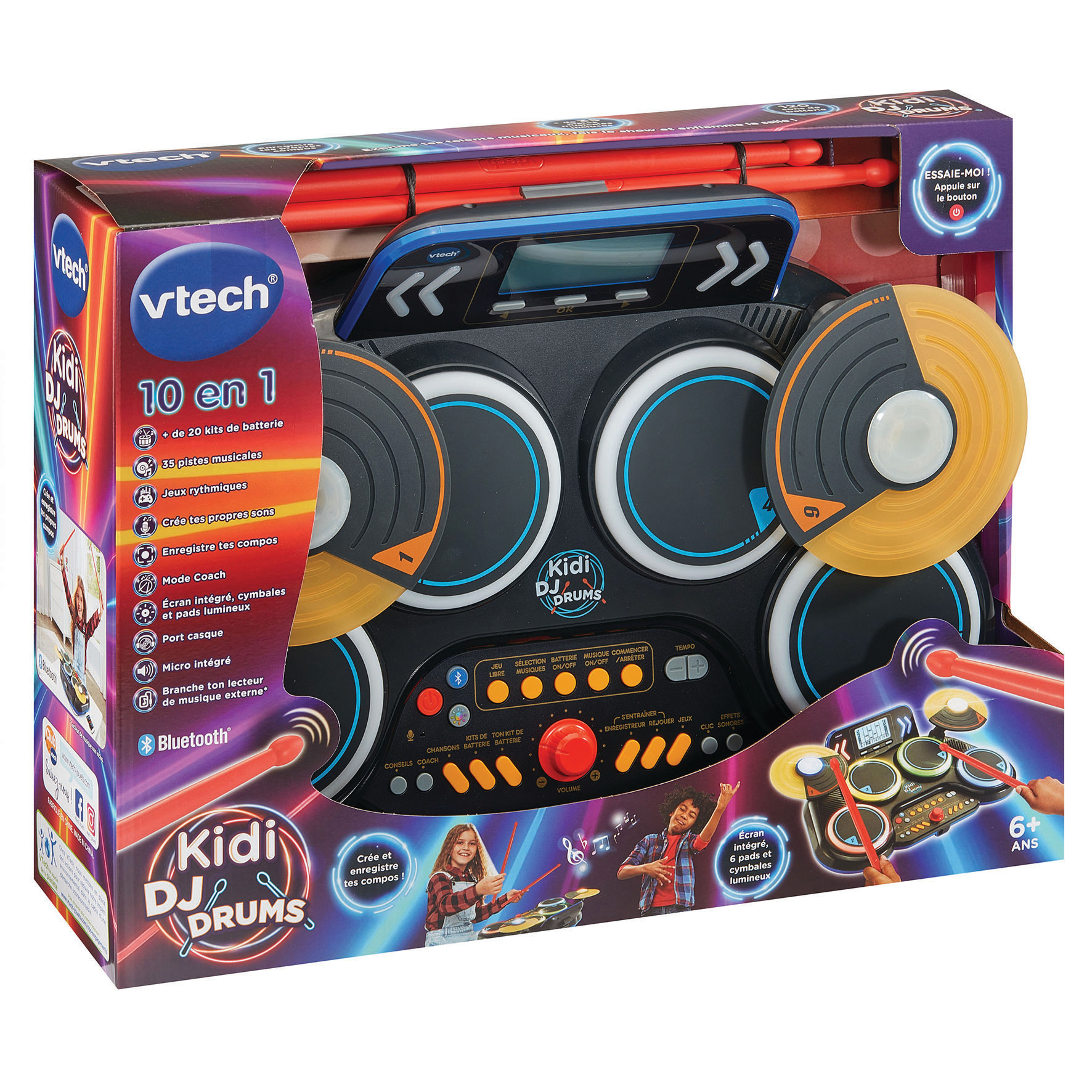 Verpacktes VTech Kidi DJ Drums Spielzeug. Enthält Schlagzeug-Pads, Becken und einen Bildschirm mit Musikfunktionen.