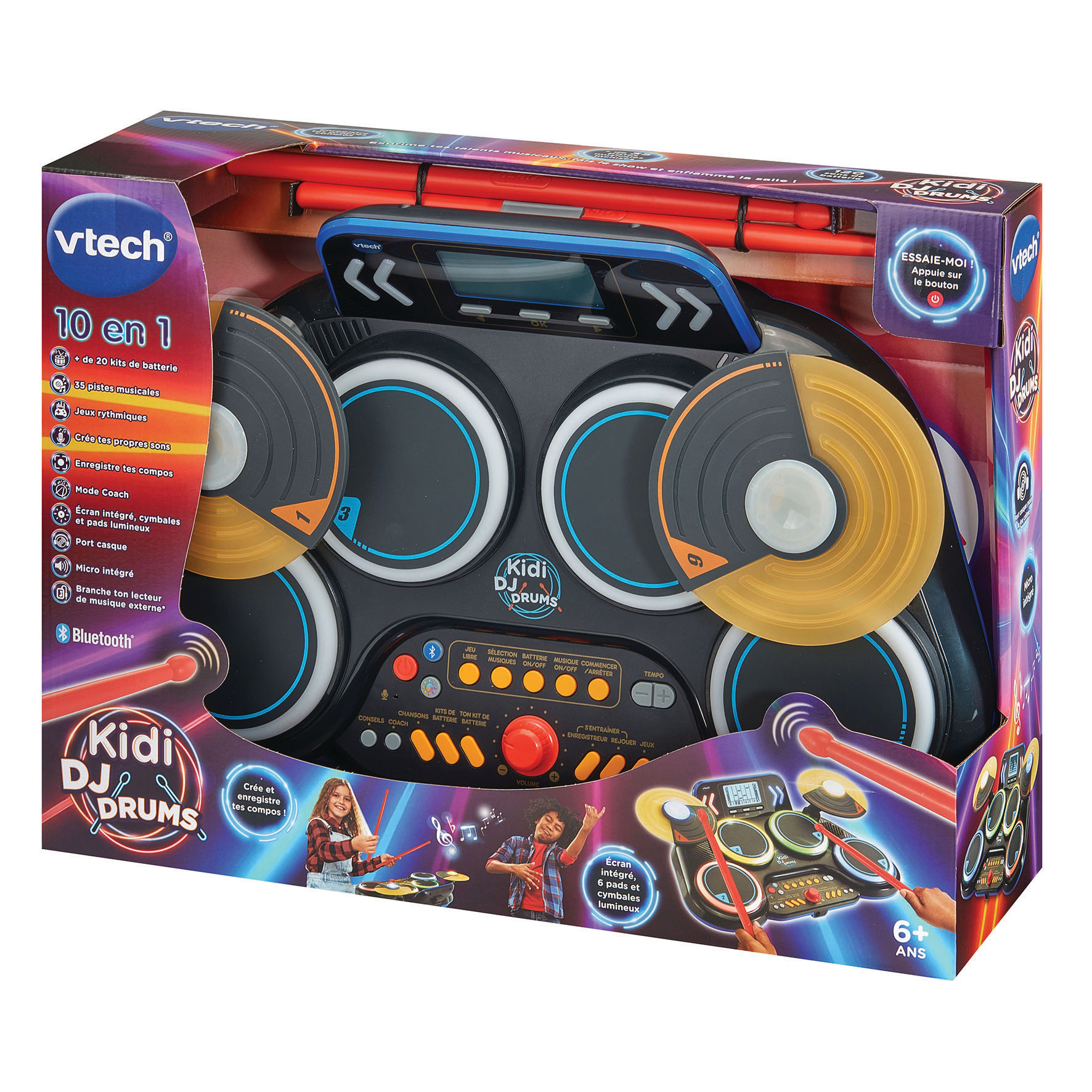 Ein Vtech Kidi DJ Drums Spielzeug, schwarz und blau, mit Trommeln, Becken und einem Display, in einer bunten Box.